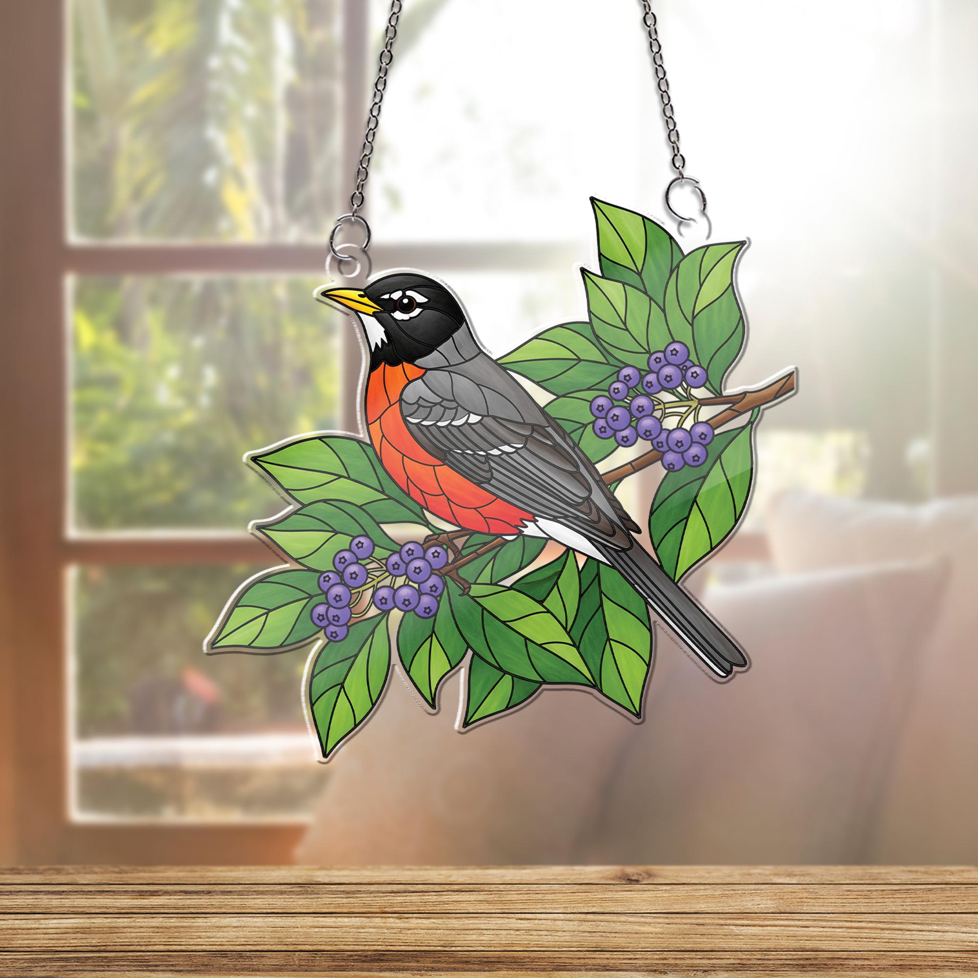 American Robin Window Hanging – Stained Glass Style Bird Suncatcher with Green Leaves & Berries, Nature Home Decor Gift
