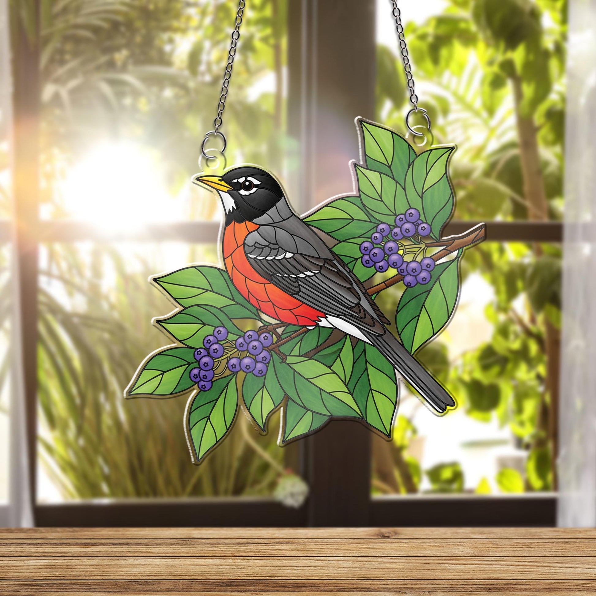 American Robin Window Hanging – Stained Glass Style Bird Suncatcher with Green Leaves & Berries, Nature Home Decor Gift
