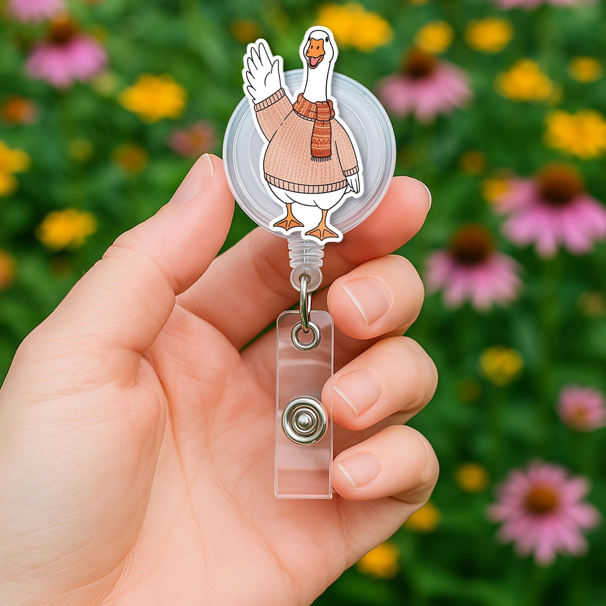 Goose Badge Reel – Cute Fall Goose ID Badge Holder with Sweater and Scarf, Funny Retractable Name Tag for Nurses, Teachers, Office Staff