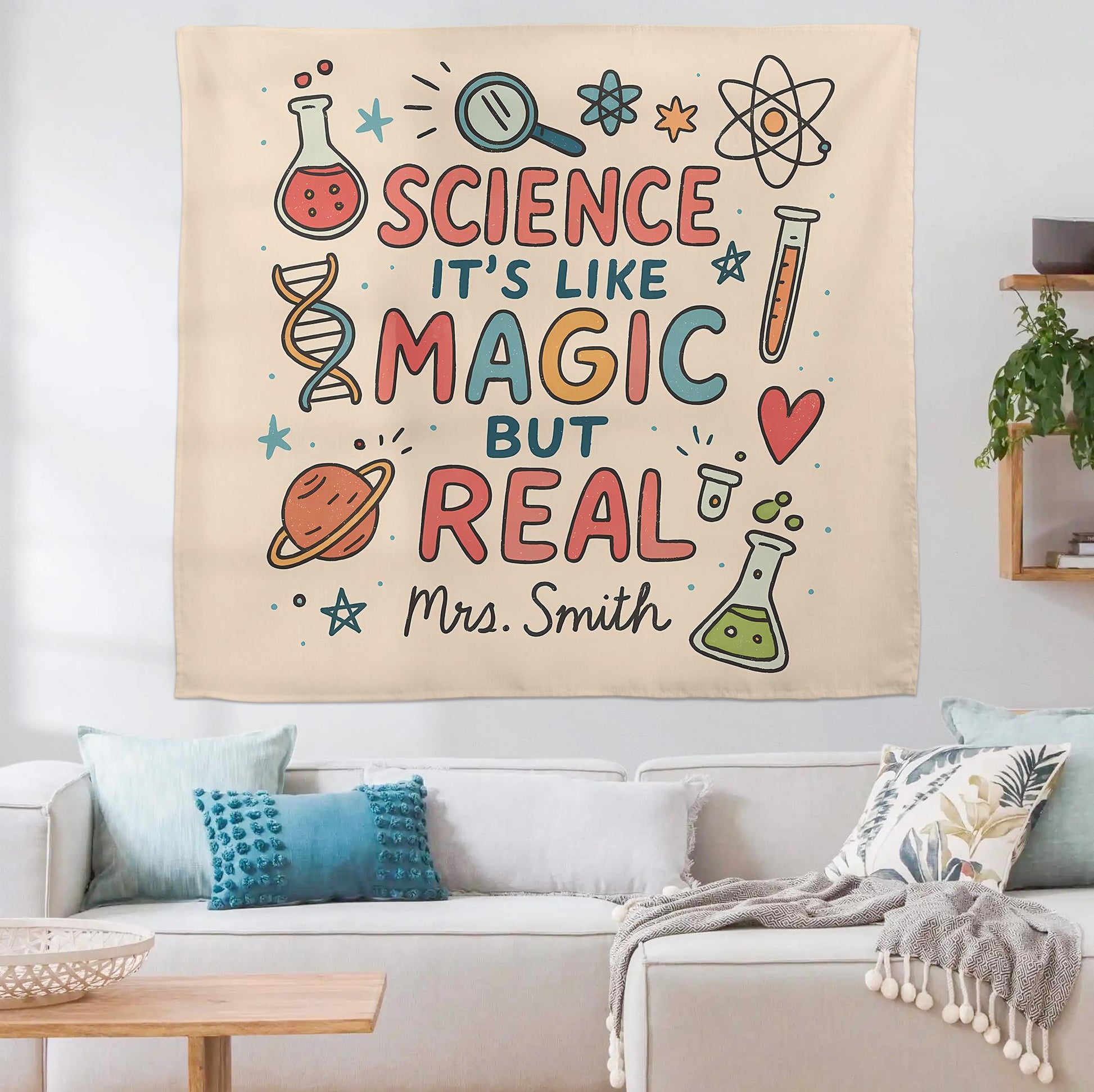 Custom Science Classroom Tapestry - “Science Is Like Magic but Real” Wall Decor - Personalized Teacher Banner for STEM Learning Space