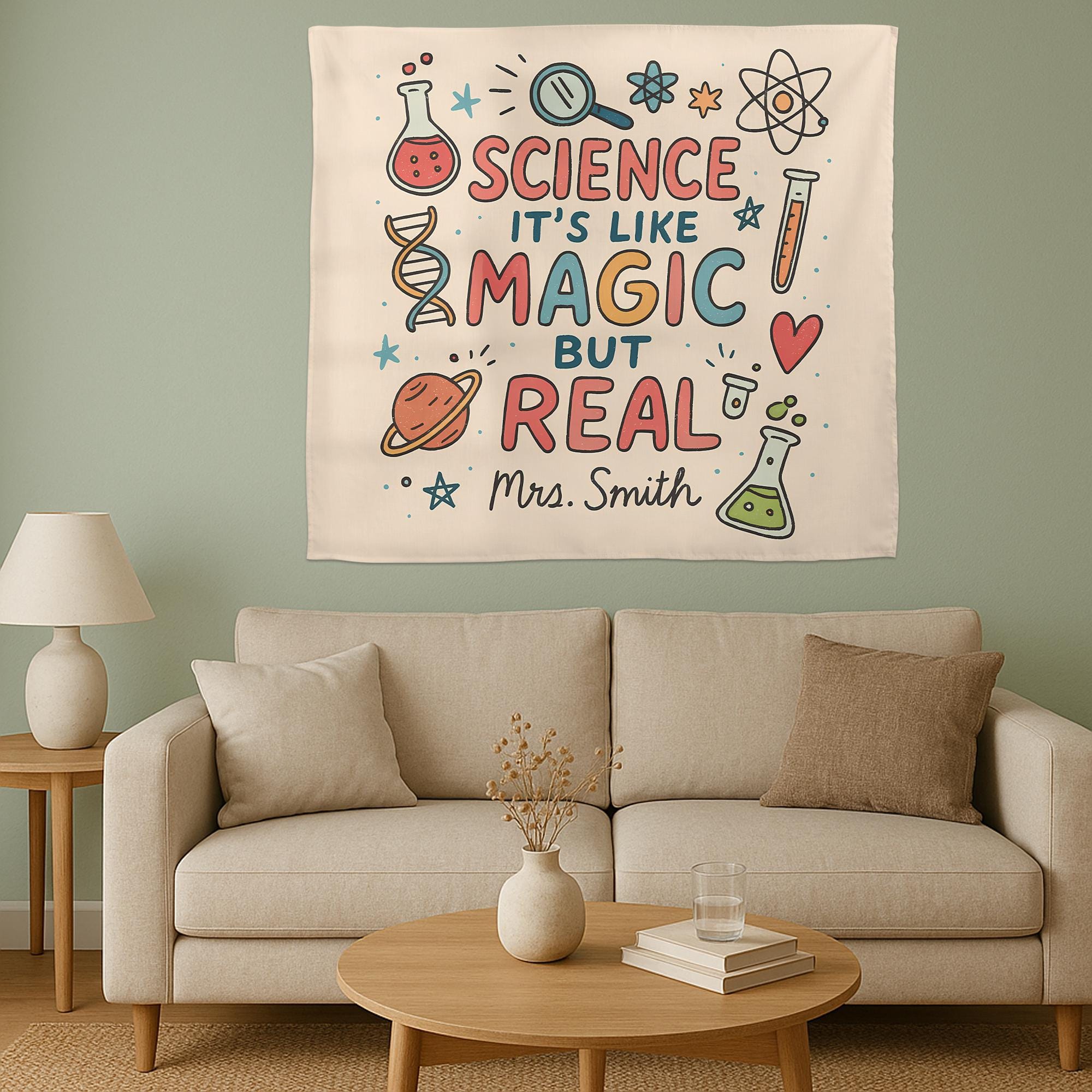 Custom Science Classroom Tapestry - “Science Is Like Magic but Real” Wall Decor - Personalized Teacher Banner for STEM Learning Space