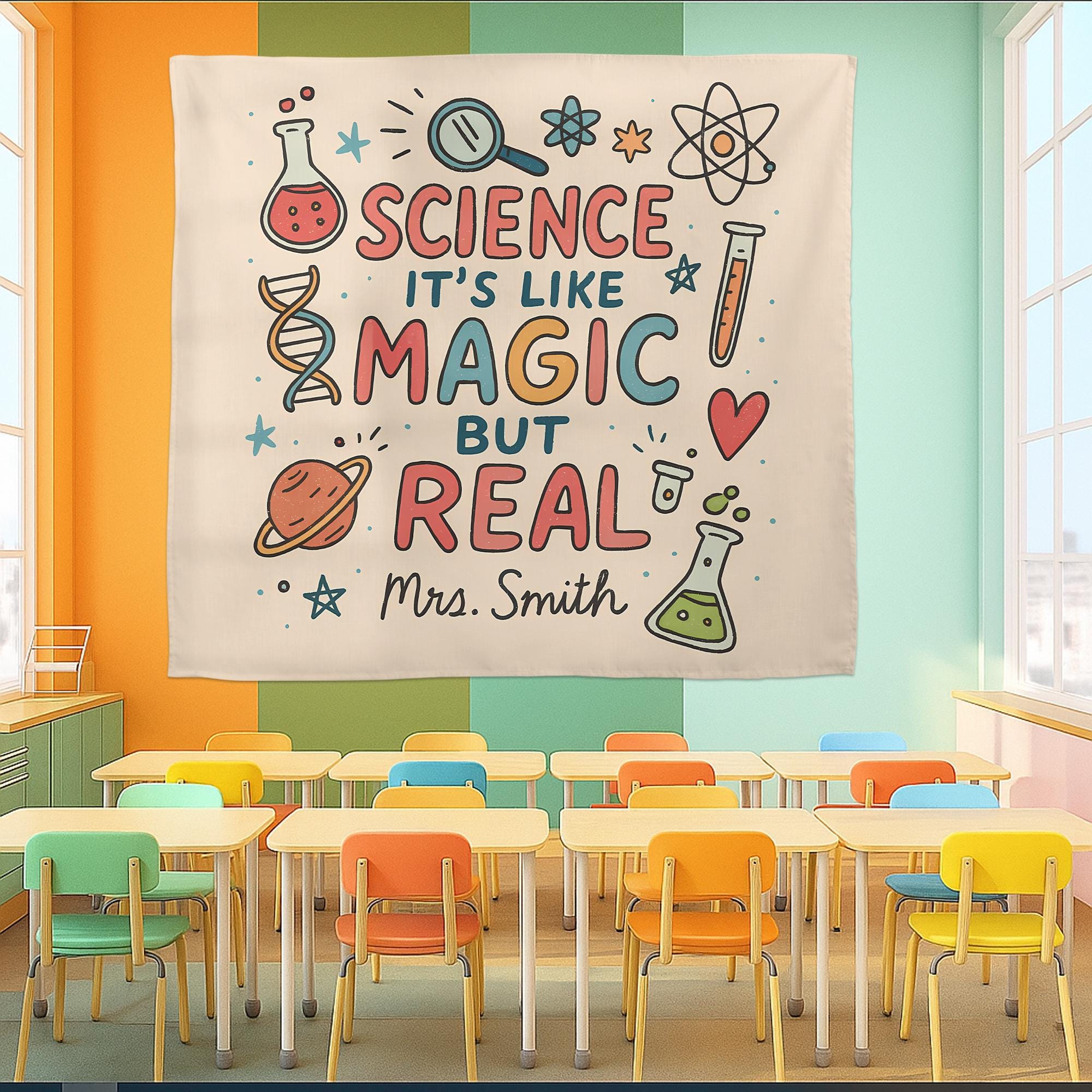 Custom Science Classroom Tapestry - “Science Is Like Magic but Real” Wall Decor - Personalized Teacher Banner for STEM Learning Space