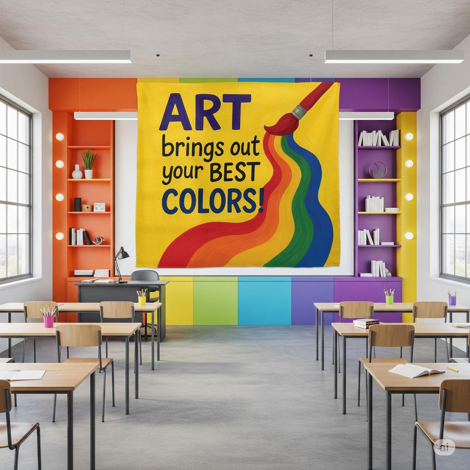 Art Brings Out Your Best Colors Tapestry, Rainbow Classroom Wall Decor, Teacher Art Room Sign, Colorful School Inspiration