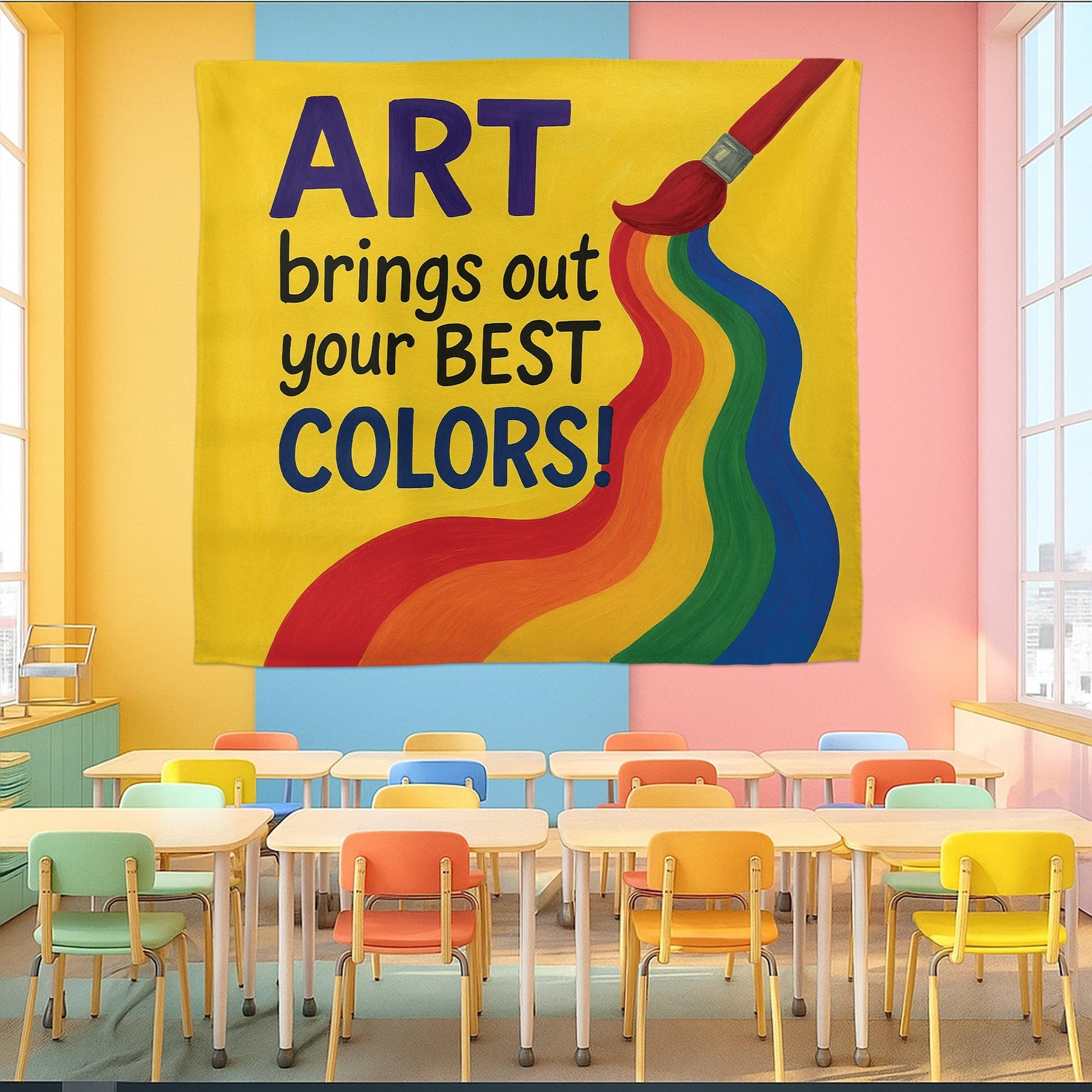 Art Brings Out Your Best Colors Tapestry, Rainbow Classroom Wall Decor, Teacher Art Room Sign, Colorful School Inspiration