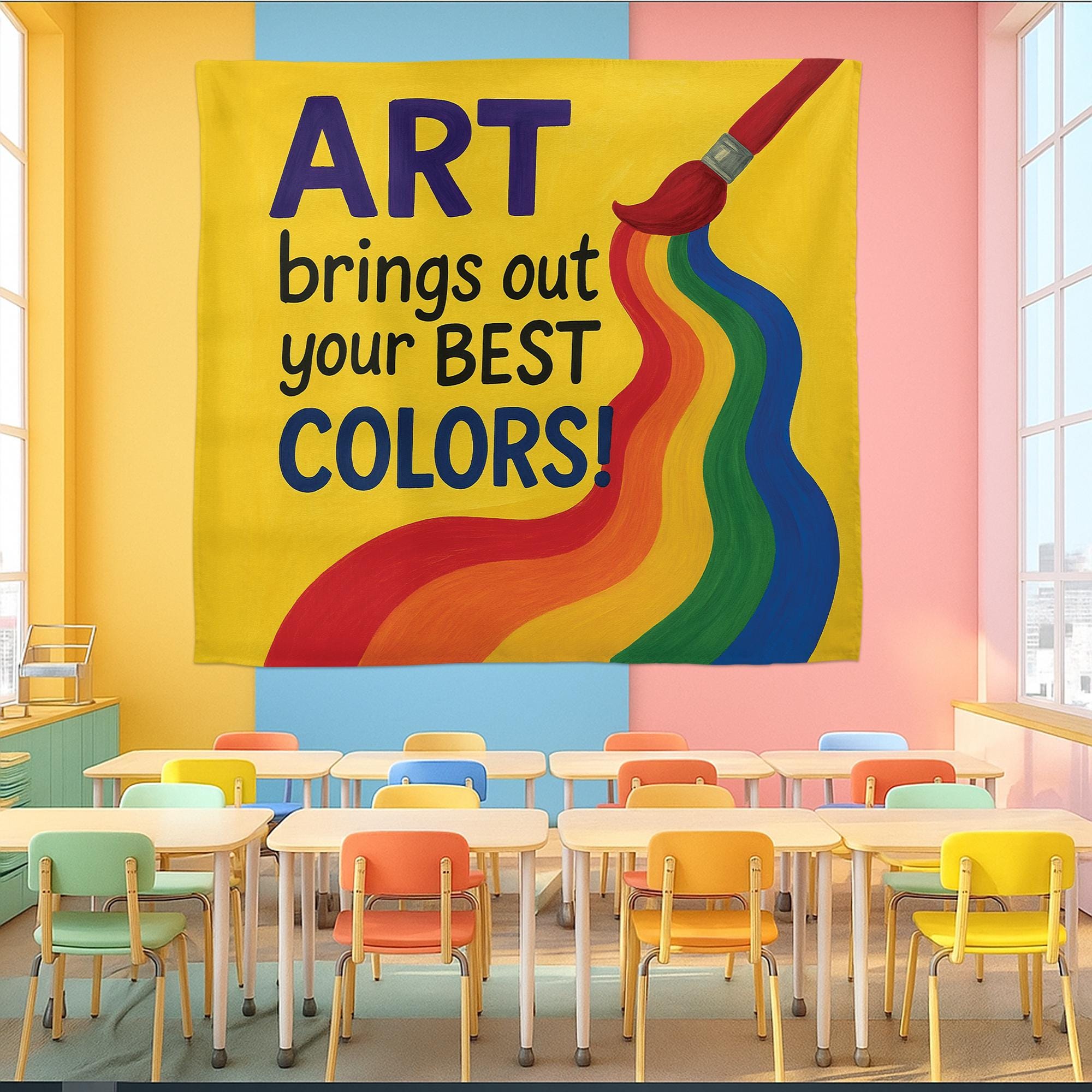 Art Brings Out Your Best Colors Tapestry, Rainbow Classroom Wall Decor, Teacher Art Room Sign, Colorful School Inspiration