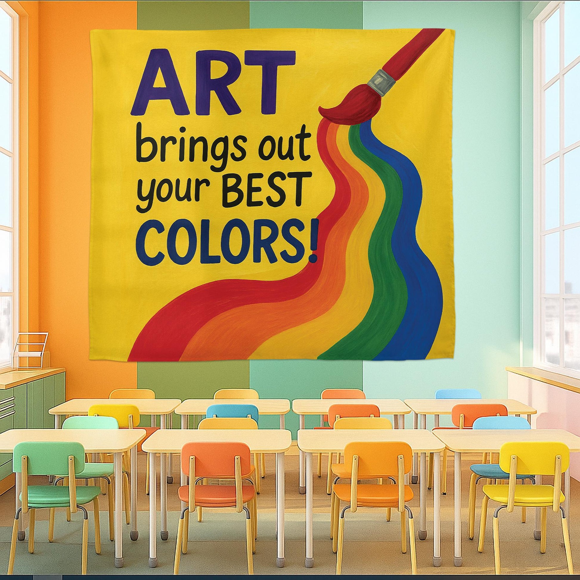 Art Brings Out Your Best Colors Tapestry, Rainbow Classroom Wall Decor, Teacher Art Room Sign, Colorful School Inspiration