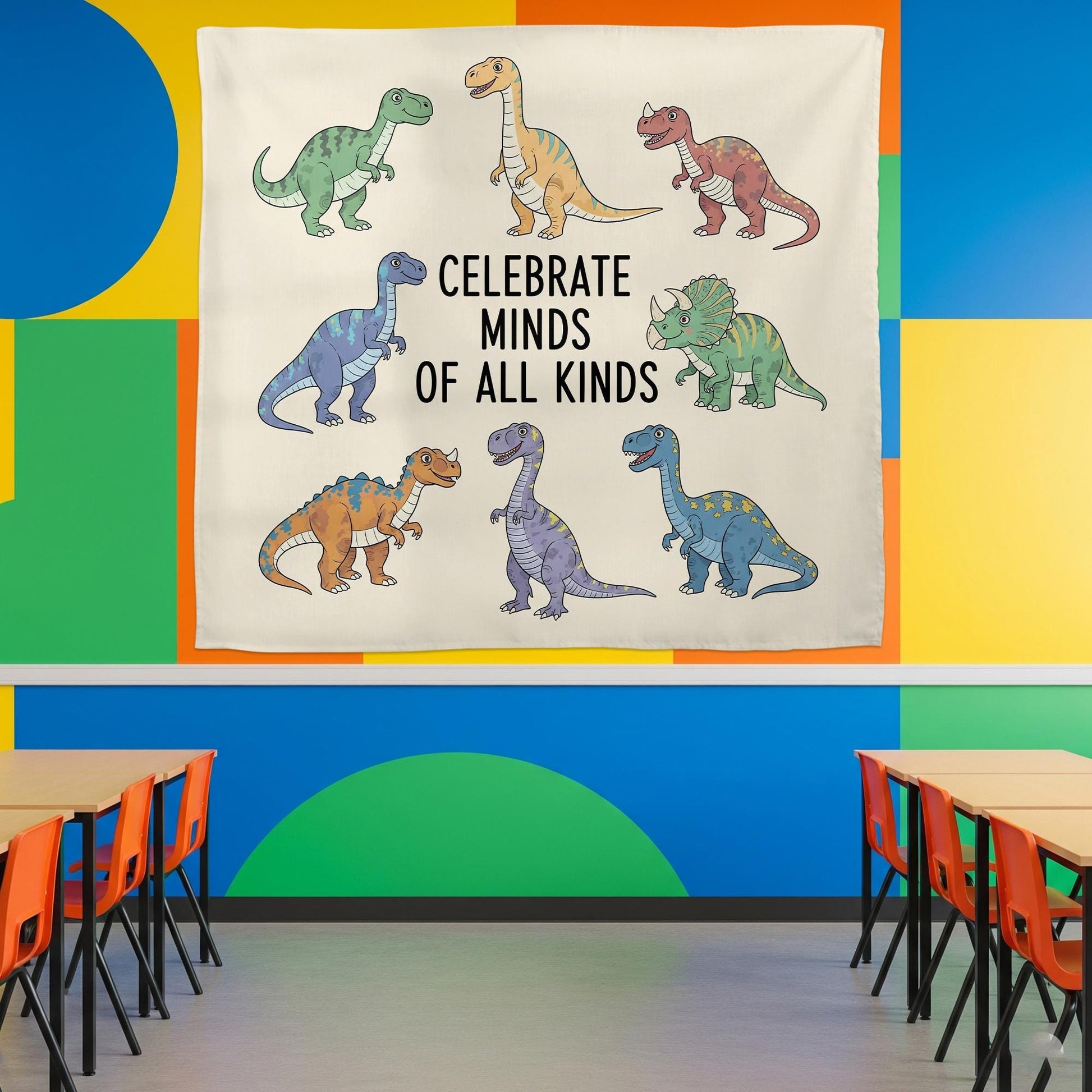 Celebrate Minds of All Kinds Tapestry - Inclusive Dinosaur Classroom Banner - Neurodiversity Wall Decor for Teachers & Kids