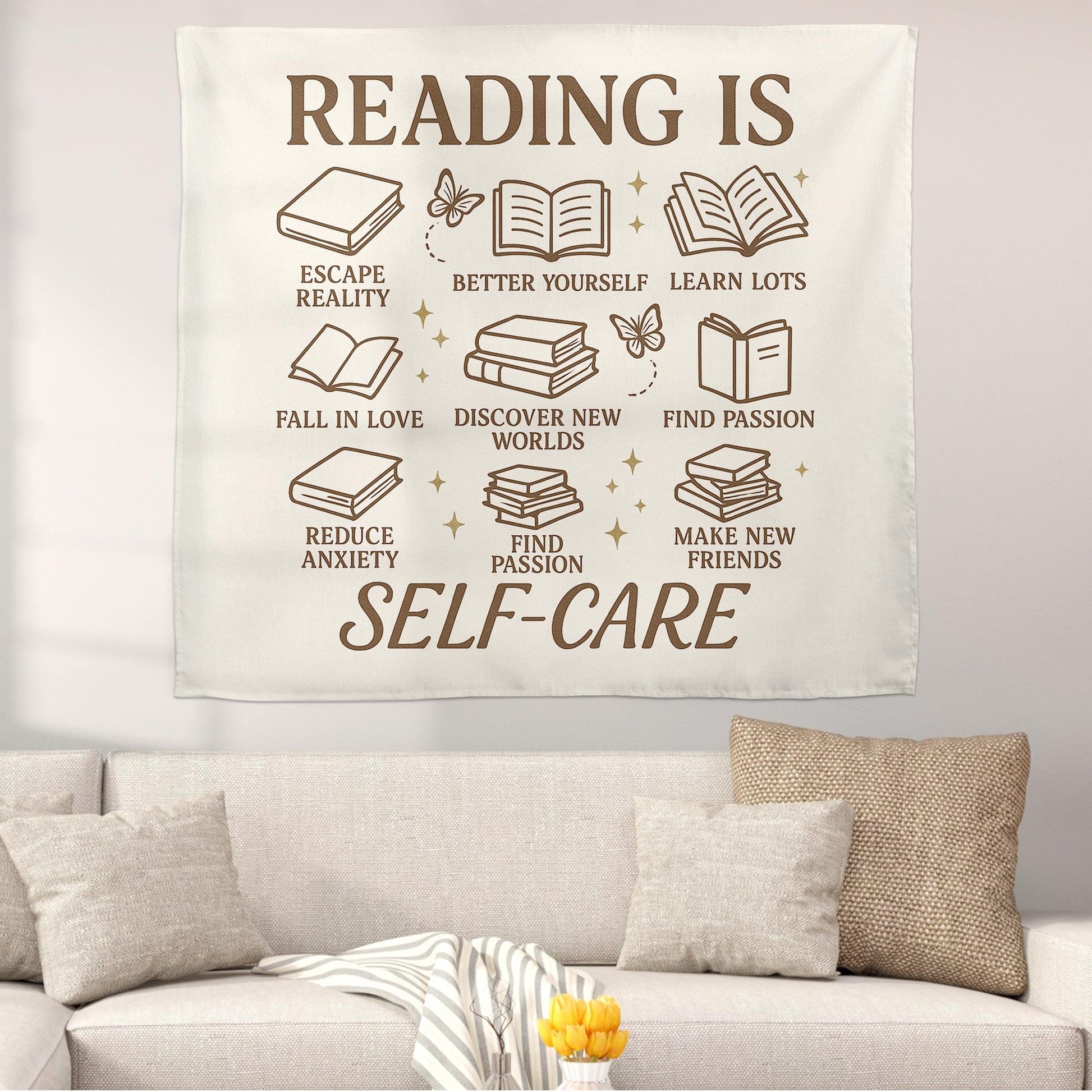 Reading Is Self-Care Tapestry, Book Lover Wall Decor, Literary Quote Banner, Bookish Room Aesthetic, Library or Dorm Decoration