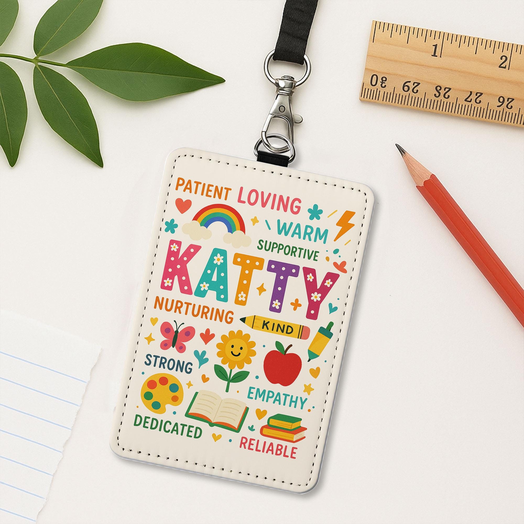 Personalized Teacher Name Badge Holder, Cute Rainbow ID Tag, Custom Lanyard Accessory, Back to School Gift for Educators