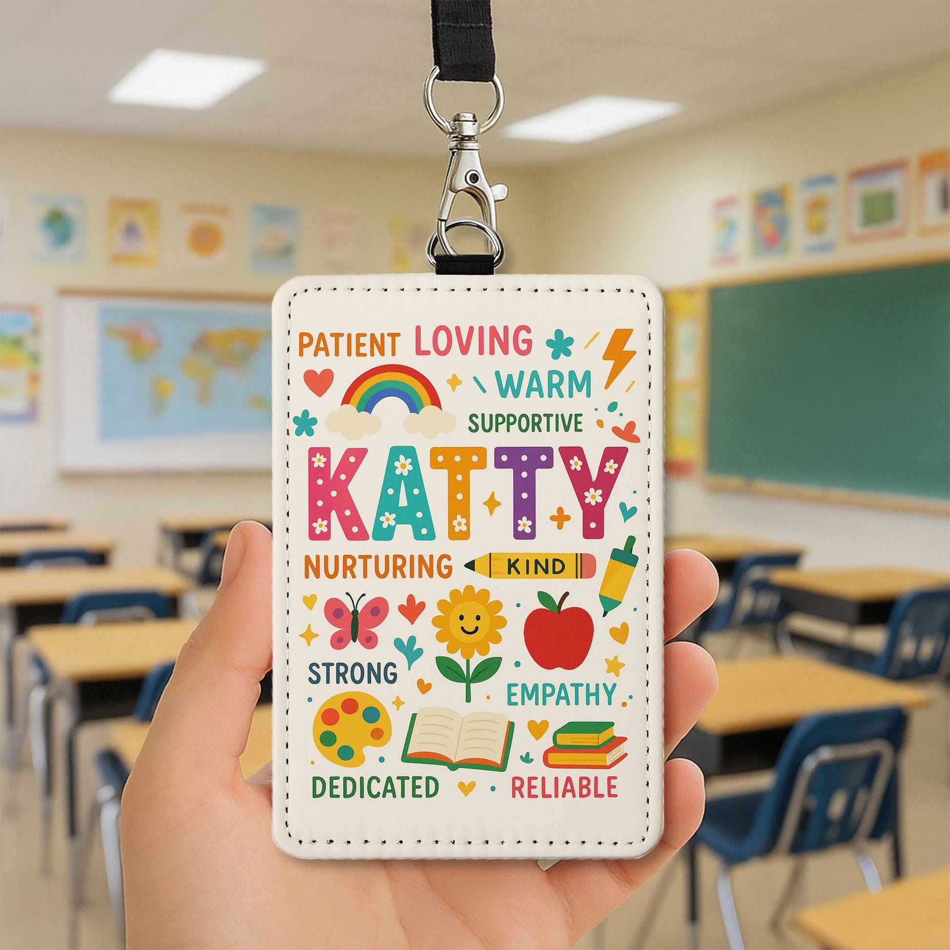 Personalized Teacher Name Badge Holder, Cute Rainbow ID Tag, Custom Lanyard Accessory, Back to School Gift for Educators