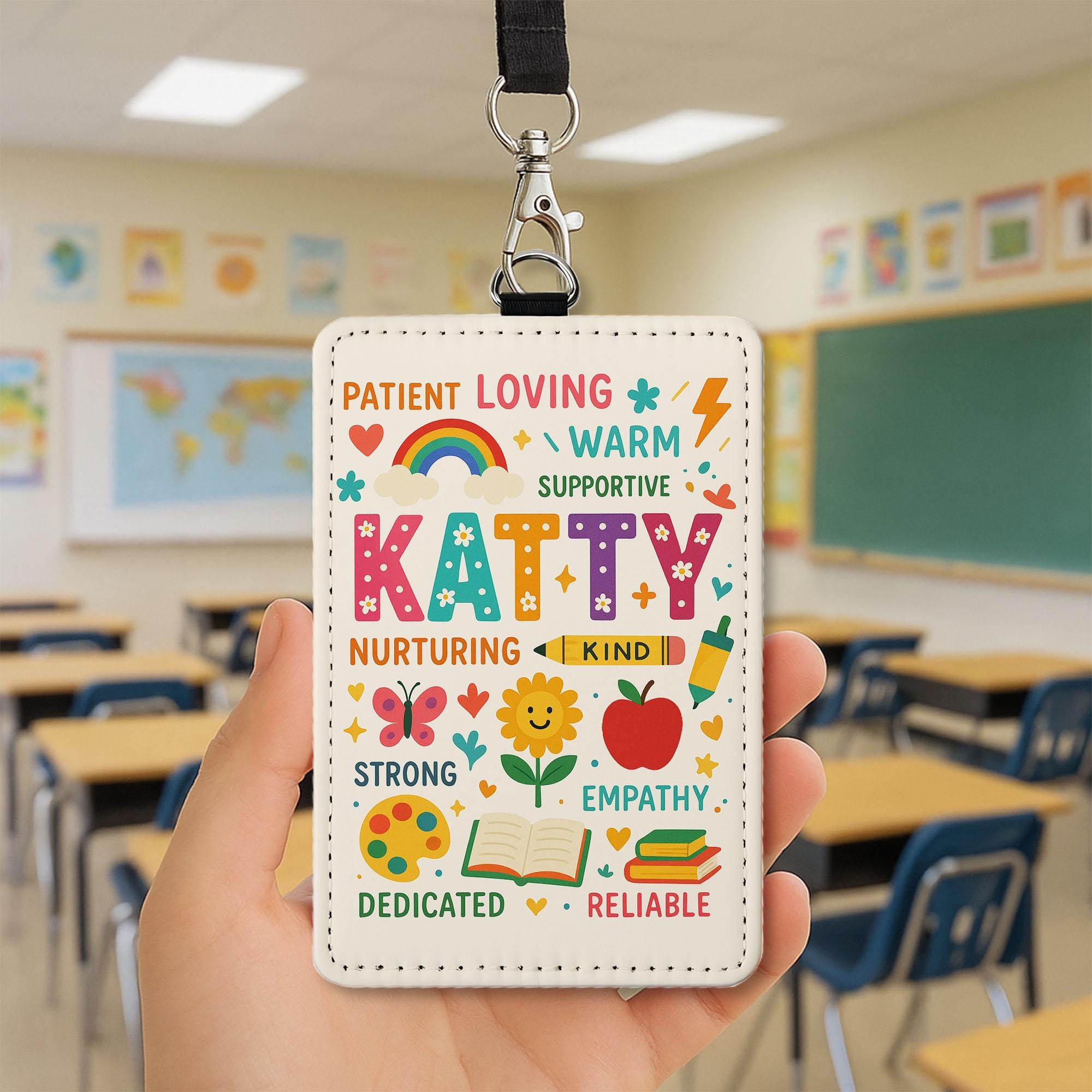 Personalized Teacher Name Badge Holder, Cute Rainbow ID Tag, Custom Lanyard Accessory, Back to School Gift for Educators
