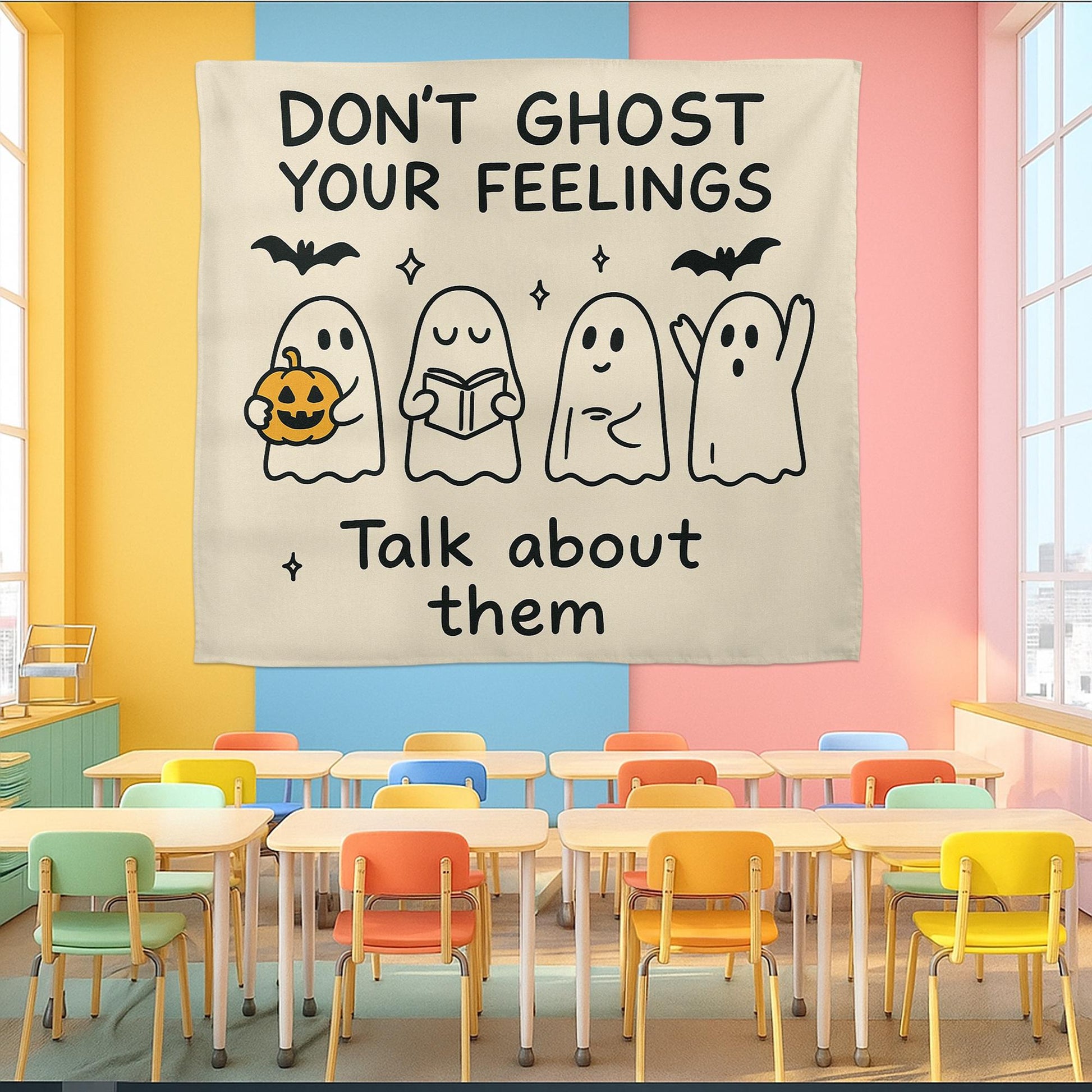 Don't Ghost Your Feelings Tapestry | Halloween School Counselor Decor | Mental Health Classroom Wall Art | Therapy Office Ghost Banner