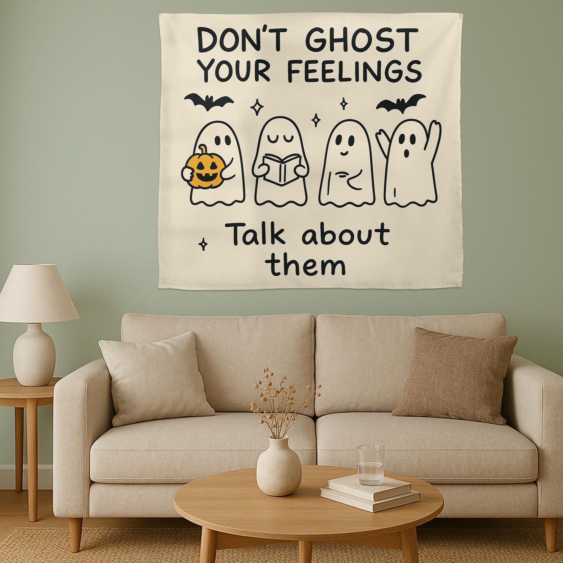 Don't Ghost Your Feelings Tapestry | Halloween School Counselor Decor | Mental Health Classroom Wall Art | Therapy Office Ghost Banner