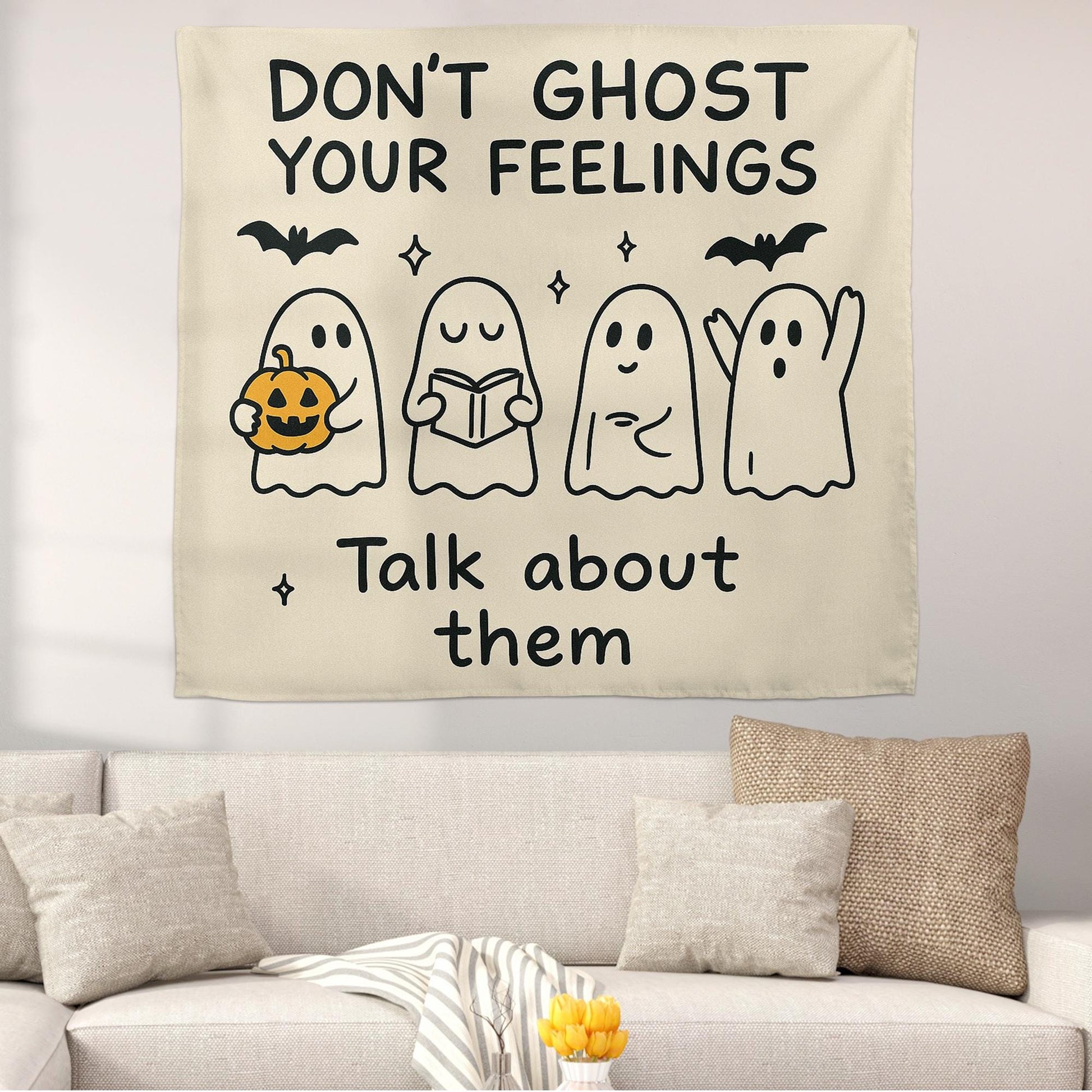 Don't Ghost Your Feelings Tapestry | Halloween School Counselor Decor | Mental Health Classroom Wall Art | Therapy Office Ghost Banner