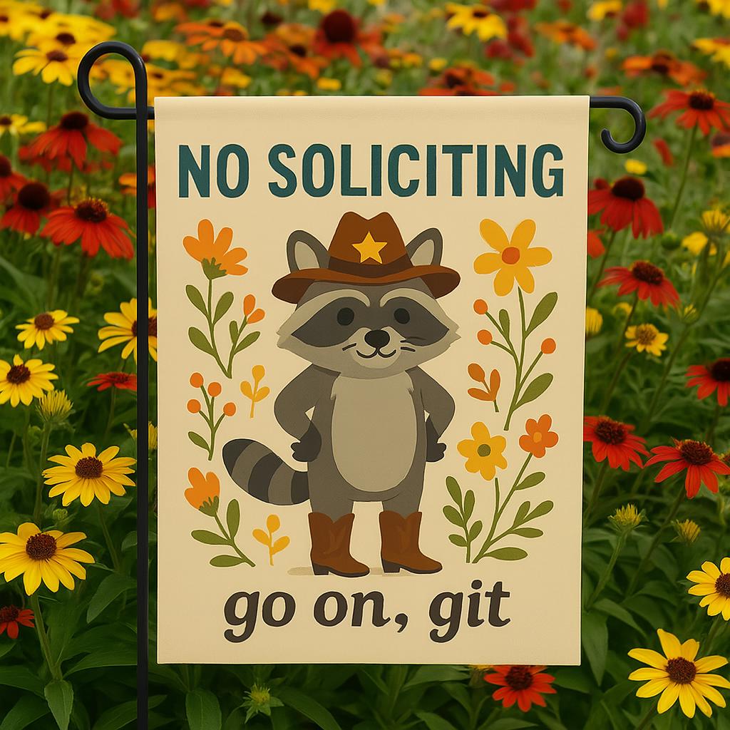 Funny No Soliciting Garden Flag – Cowboy Raccoon Yard Sign – Go On Git Outdoor Decor – Rustic Country Welcome Flag – Anti Solicitor Sign