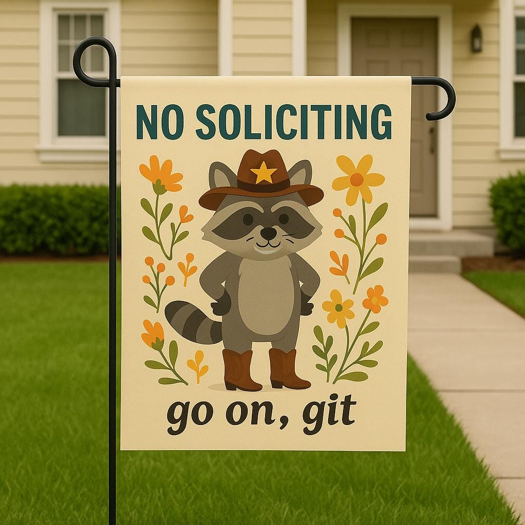 Funny No Soliciting Garden Flag – Cowboy Raccoon Yard Sign – Go On Git Outdoor Decor – Rustic Country Welcome Flag – Anti Solicitor Sign