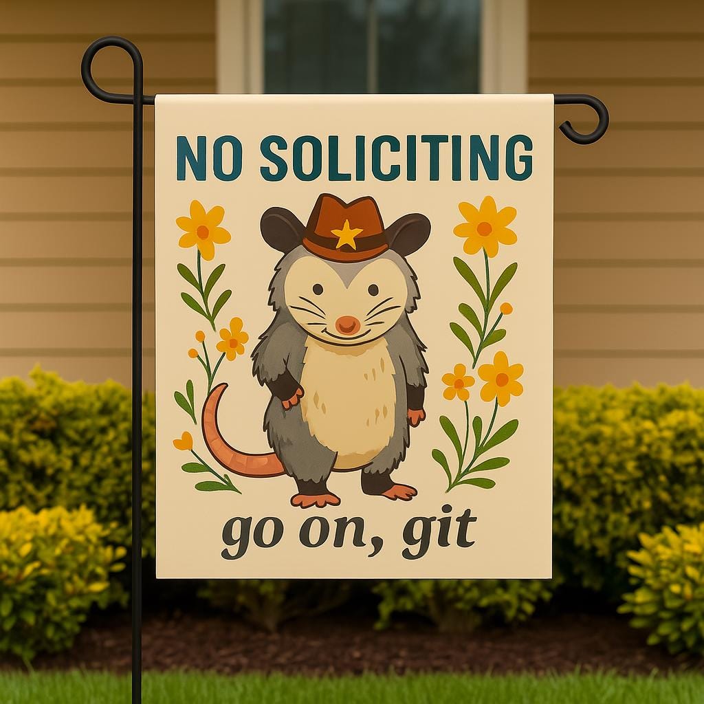 Funny No Soliciting Garden Flag – Cowboy Opossum Yard Sign – Go On Git Rustic Outdoor Decor – Cute Country Lawn Welcome Flag