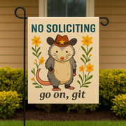 Funny No Soliciting Garden Flag – Cowboy Opossum Yard Sign – Go On Git Rustic Outdoor Decor – Cute Country Lawn Welcome Flag