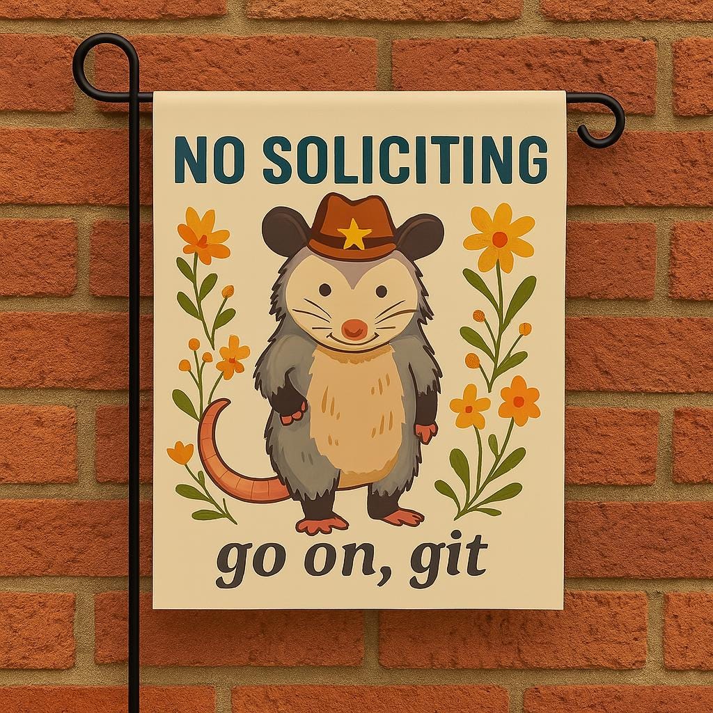 Funny No Soliciting Garden Flag – Cowboy Opossum Yard Sign – Go On Git Rustic Outdoor Decor – Cute Country Lawn Welcome Flag