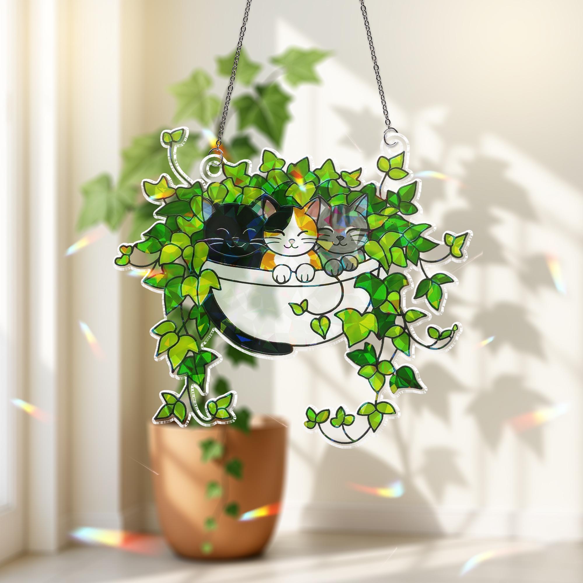 Three Cats Sleeping on Ivy Hologram Ornament, Cats ACRYLIC Window Hanging, Plant Lover Gift, Ivy Plants Decor, Cat Decor, Gift For Mom