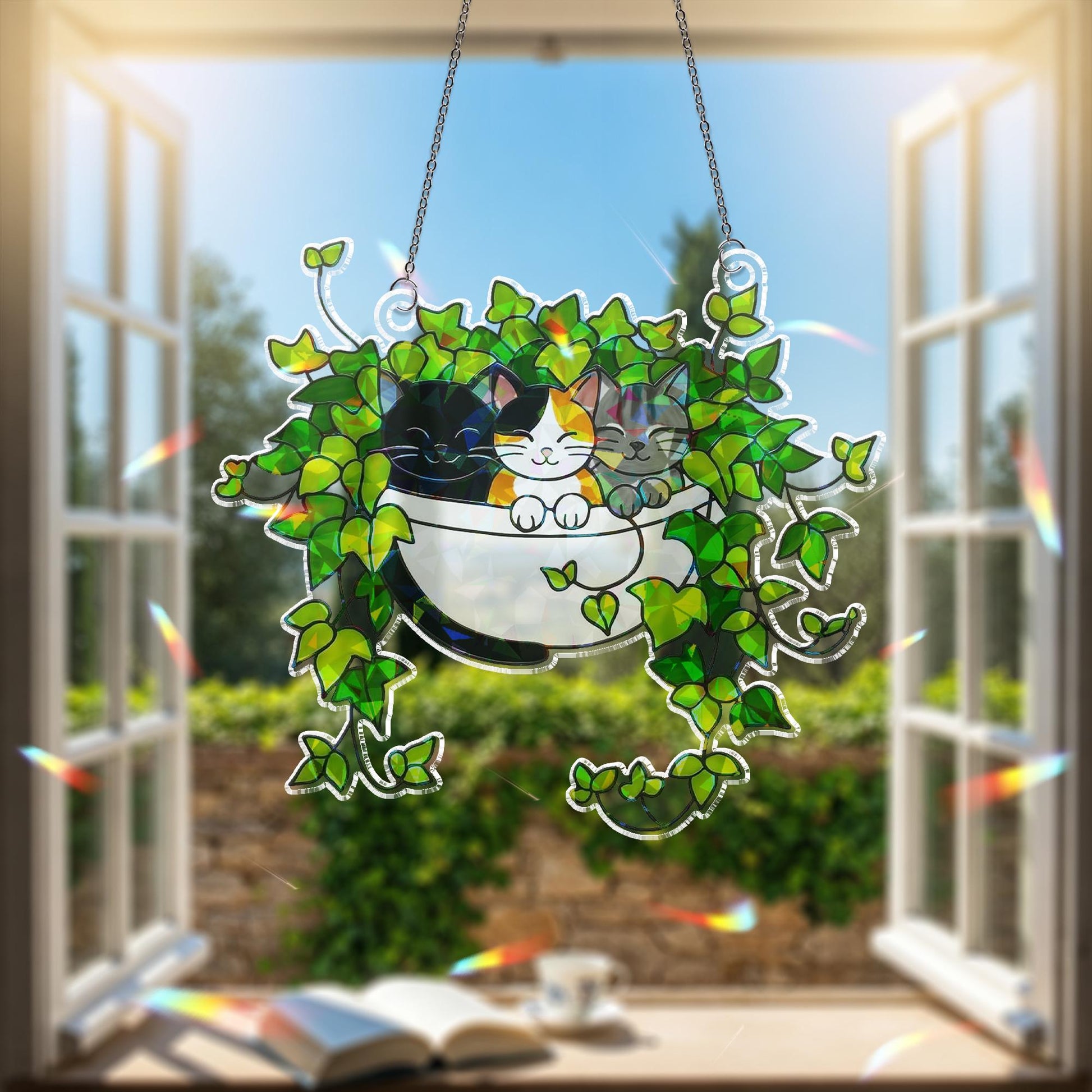 Three Cats Sleeping on Ivy Hologram Ornament, Cats ACRYLIC Window Hanging, Plant Lover Gift, Ivy Plants Decor, Cat Decor, Gift For Mom