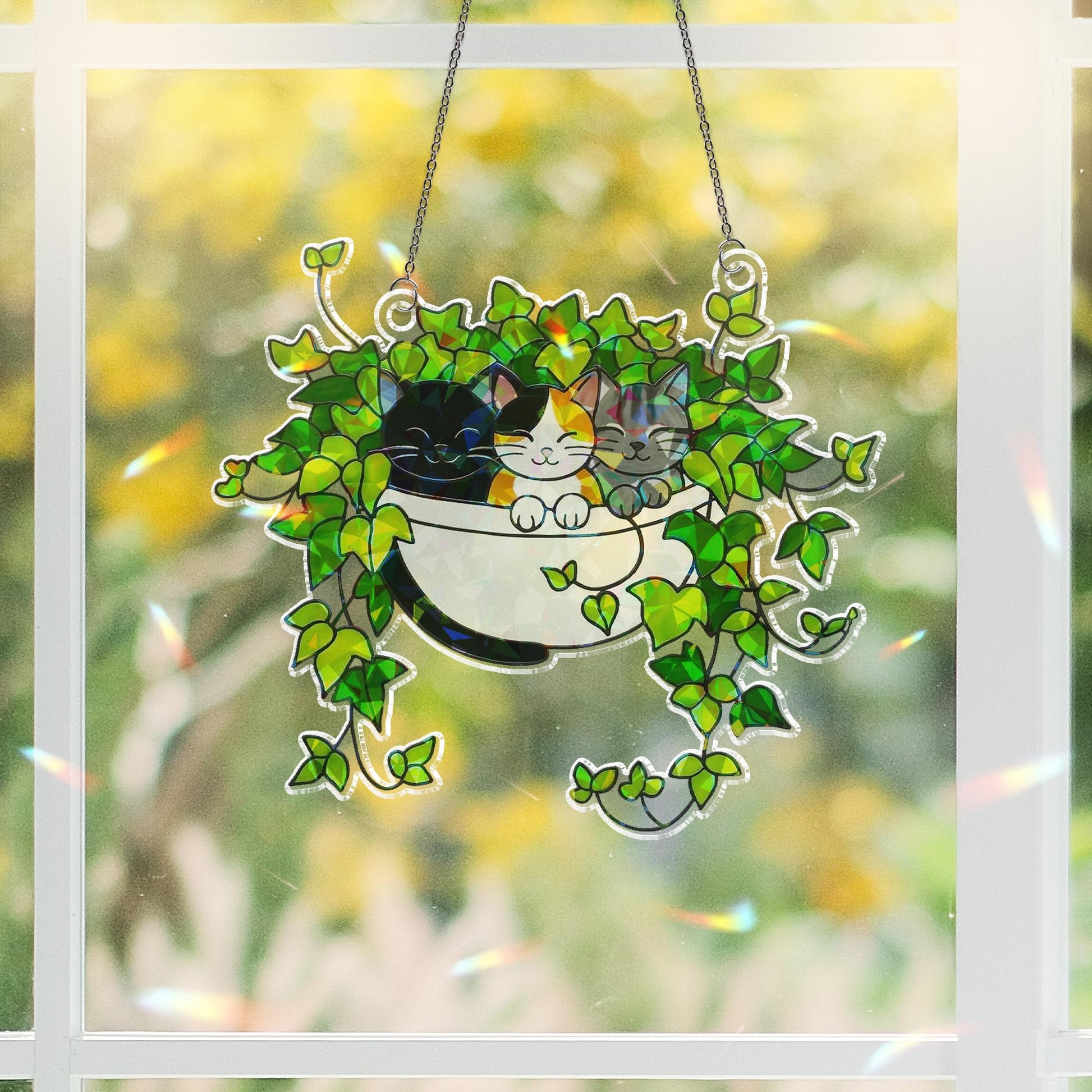 Three Cats Sleeping on Ivy Hologram Ornament, Cats ACRYLIC Window Hanging, Plant Lover Gift, Ivy Plants Decor, Cat Decor, Gift For Mom