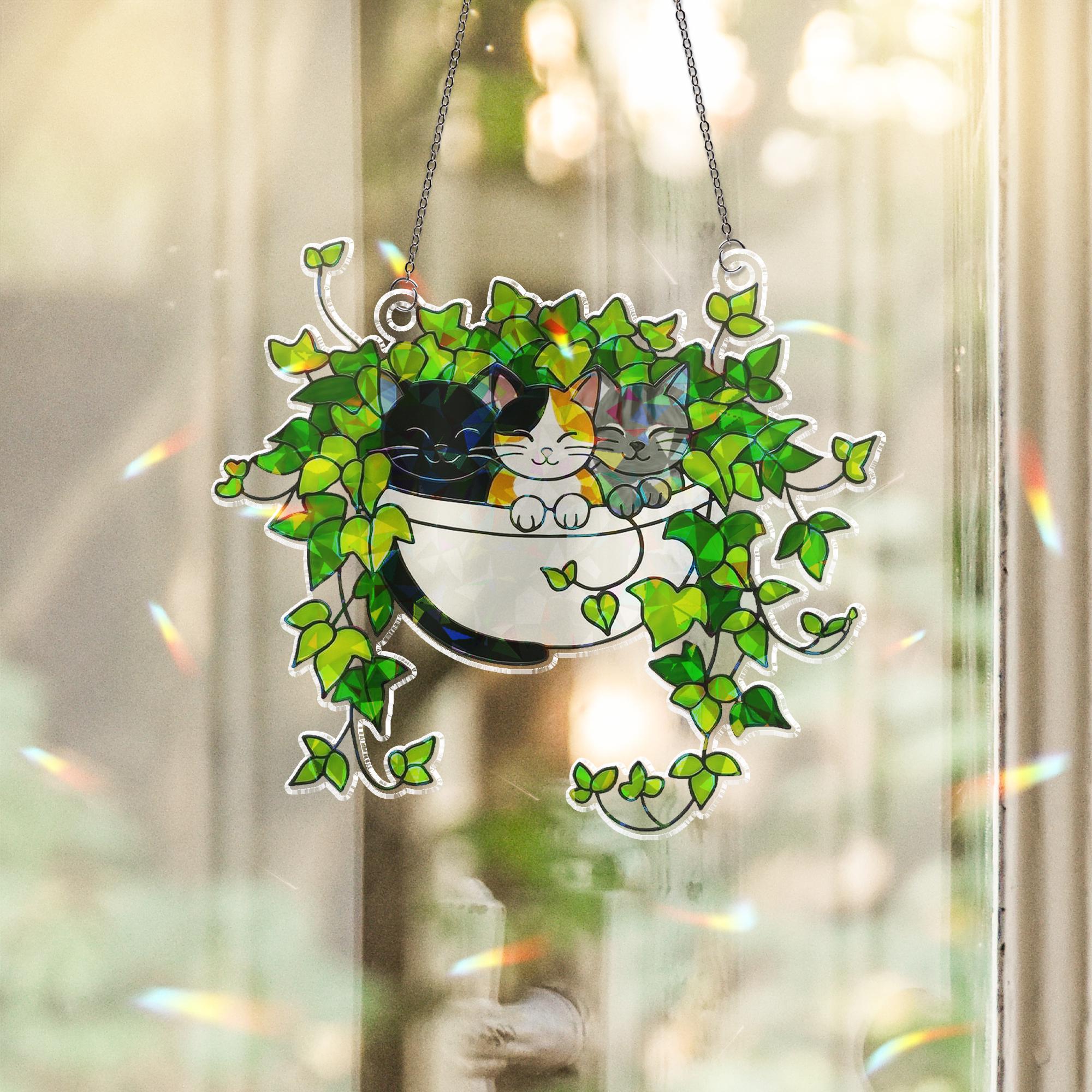 Three Cats Sleeping on Ivy Hologram Ornament, Cats ACRYLIC Window Hanging, Plant Lover Gift, Ivy Plants Decor, Cat Decor, Gift For Mom