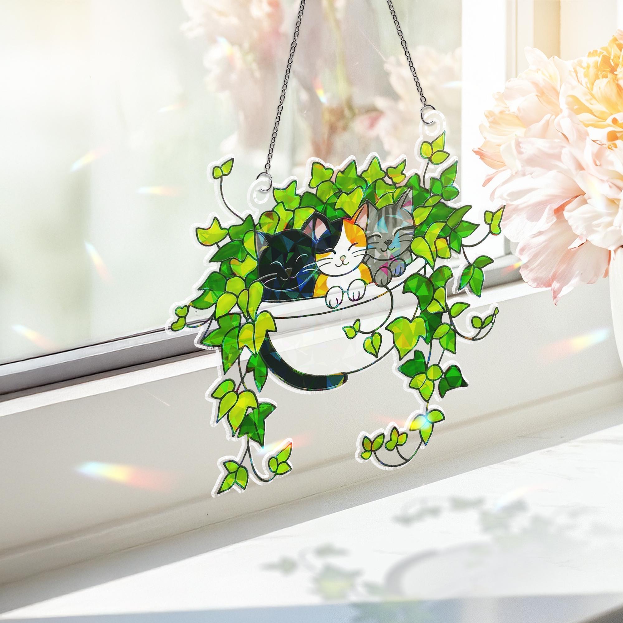 Three Cats Sleeping on Ivy Hologram Ornament, Cats ACRYLIC Window Hanging, Plant Lover Gift, Ivy Plants Decor, Cat Decor, Gift For Mom