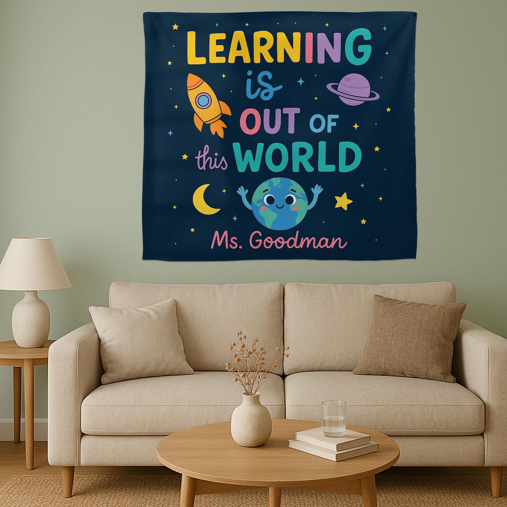 Custom Teacher Tapestry | Learning Is Out of This World Classroom Decor | Space Theme Wall Art for Kids | Personalized Teacher Gift