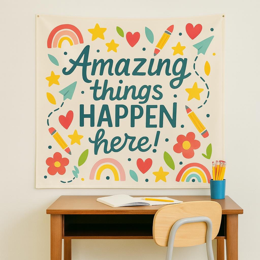 Amazing Things Happen Here Tapestry | Classroom Wall Decor for Teachers | Positive Motivational Banner | Back to School Teacher Gift
