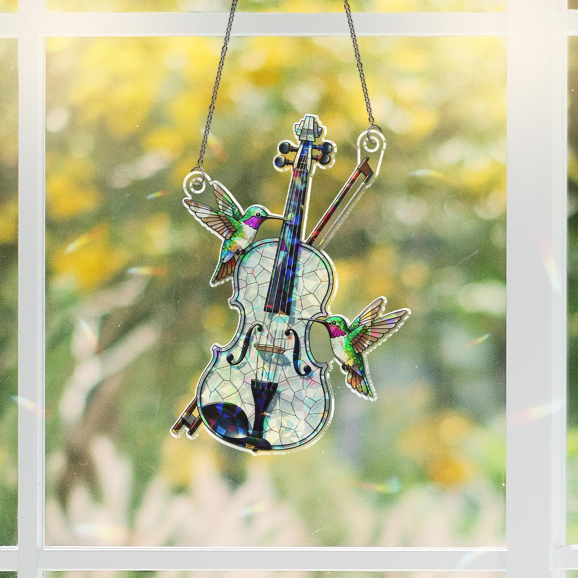 Violin Holographic Window Hanging – Stained Glass Style Hummingbird Suncatcher for Music Lovers, Musicians, Gift for Her