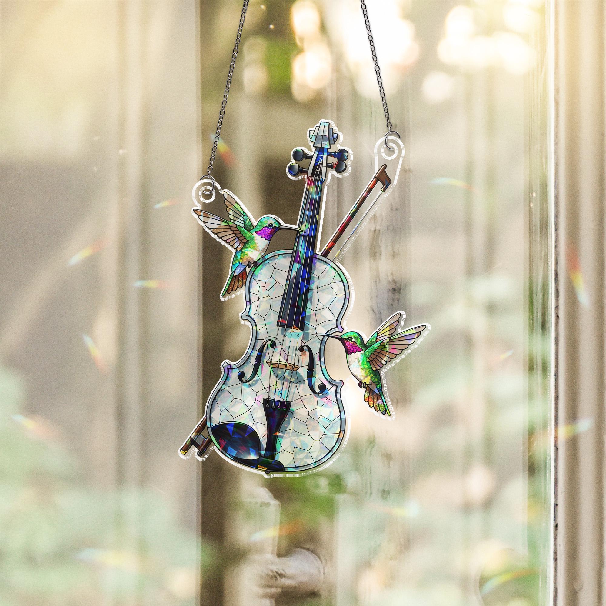 Violin Holographic Window Hanging – Stained Glass Style Hummingbird Suncatcher for Music Lovers, Musicians, Gift for Her