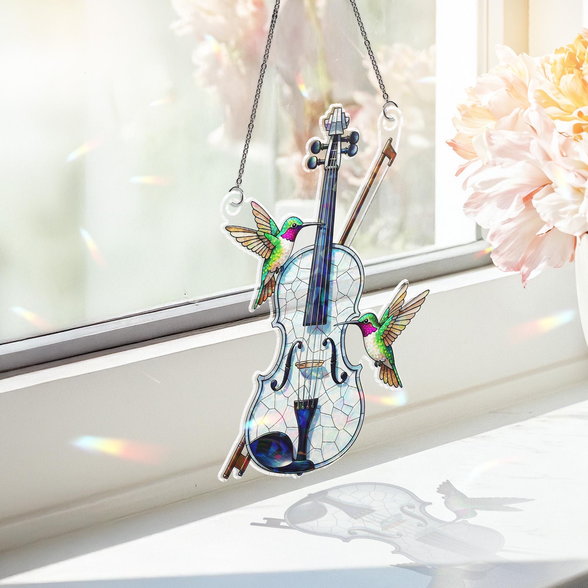 Violin Holographic Window Hanging – Stained Glass Style Hummingbird Suncatcher for Music Lovers, Musicians, Gift for Her