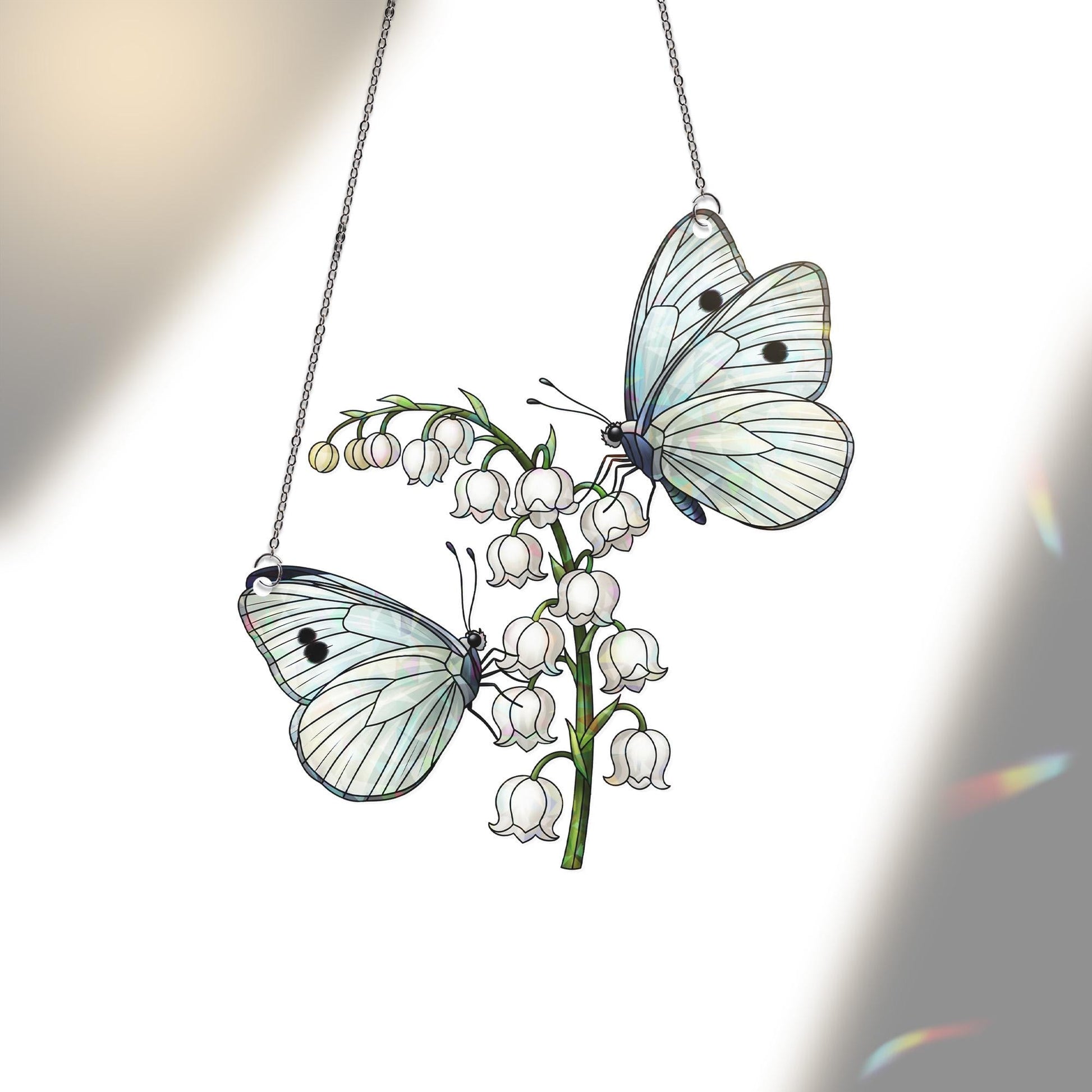 Butterfly and Lily Holographic Window Hanging – Stained Glass Style Floral Suncatcher for Nature Lovers, Cottagecore Home Decor