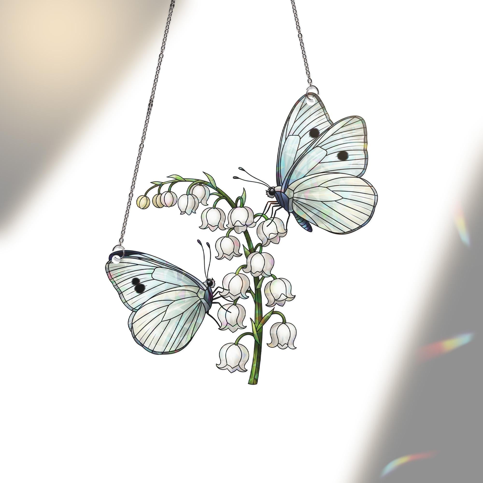 Butterfly and Lily Holographic Window Hanging – Stained Glass Style Floral Suncatcher for Nature Lovers, Cottagecore Home Decor