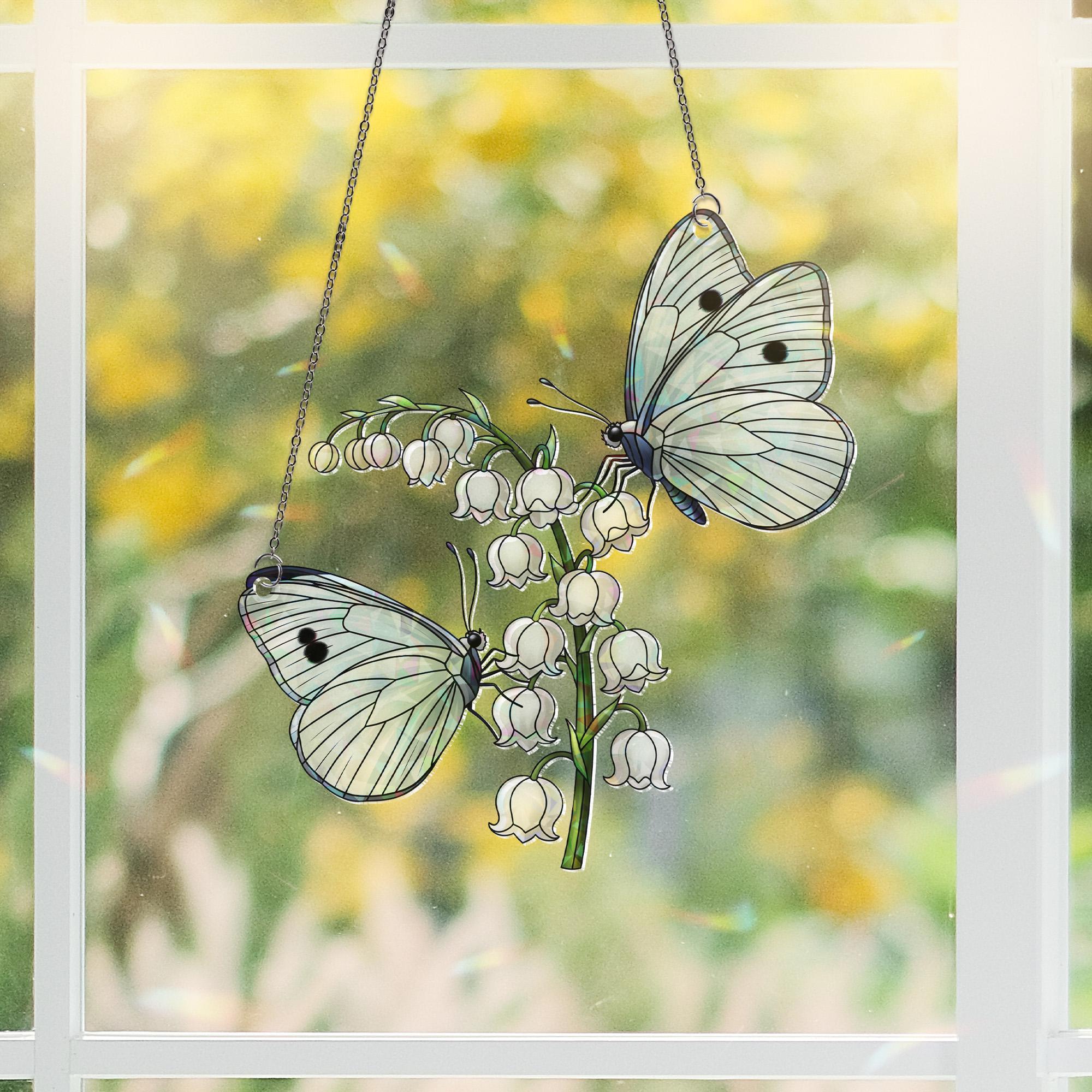 Butterfly and Lily Holographic Window Hanging – Stained Glass Style Floral Suncatcher for Nature Lovers, Cottagecore Home Decor