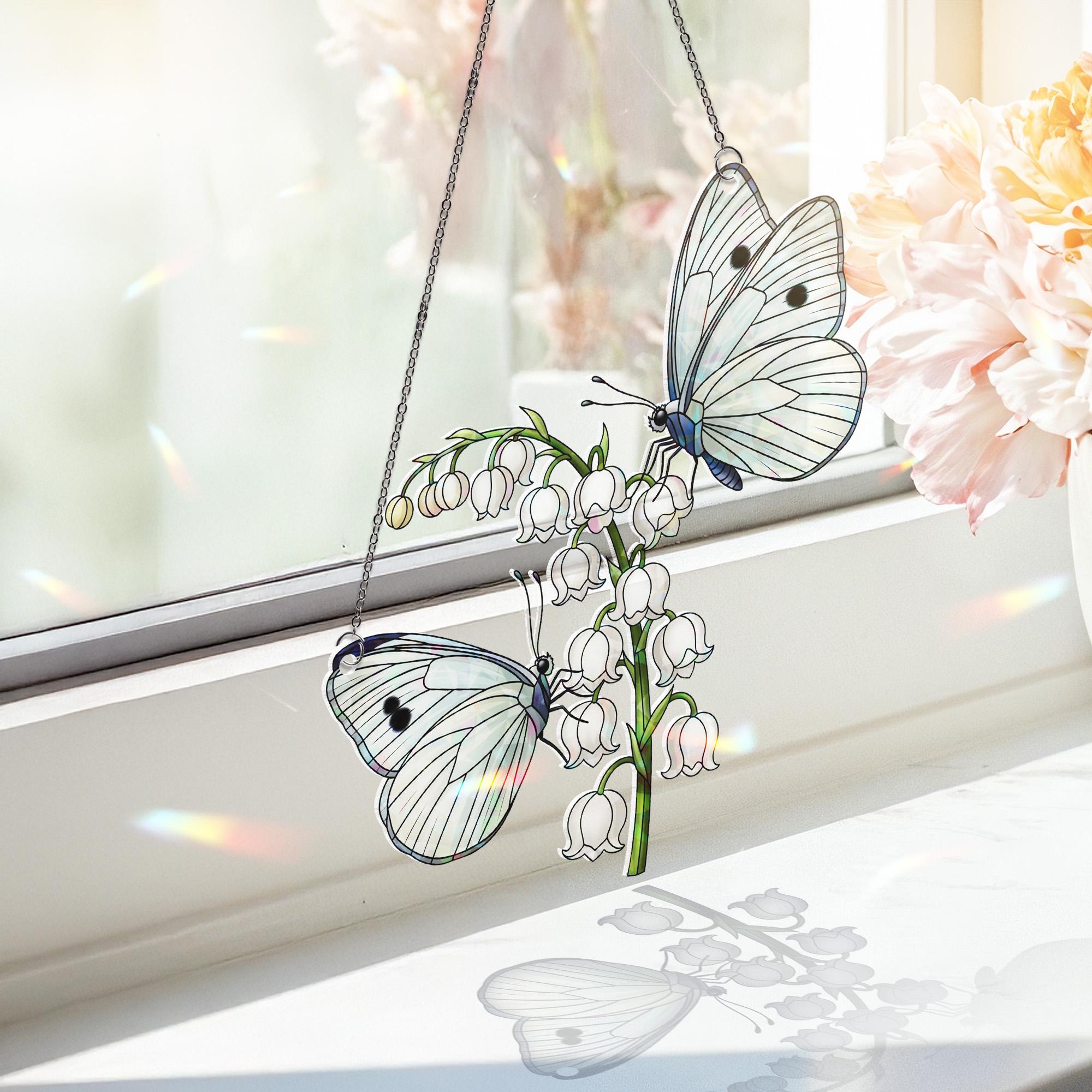 Butterfly and Lily Holographic Window Hanging – Stained Glass Style Floral Suncatcher for Nature Lovers, Cottagecore Home Decor