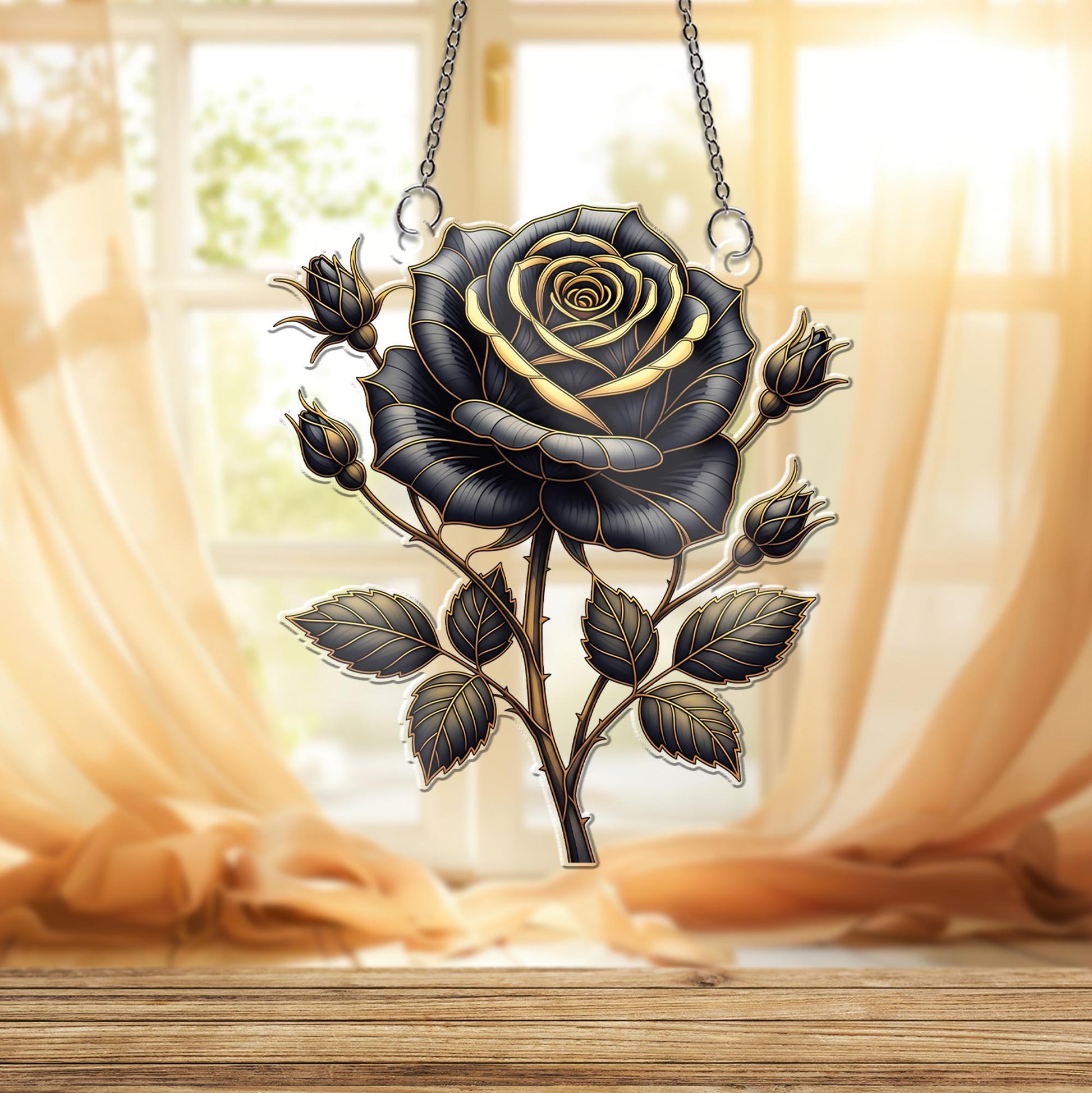 Black and Gold Rose Window Hanging – Gothic Holographic Floral Suncatcher, Elegant Dark Bloom Decor, Romantic Gift for Her