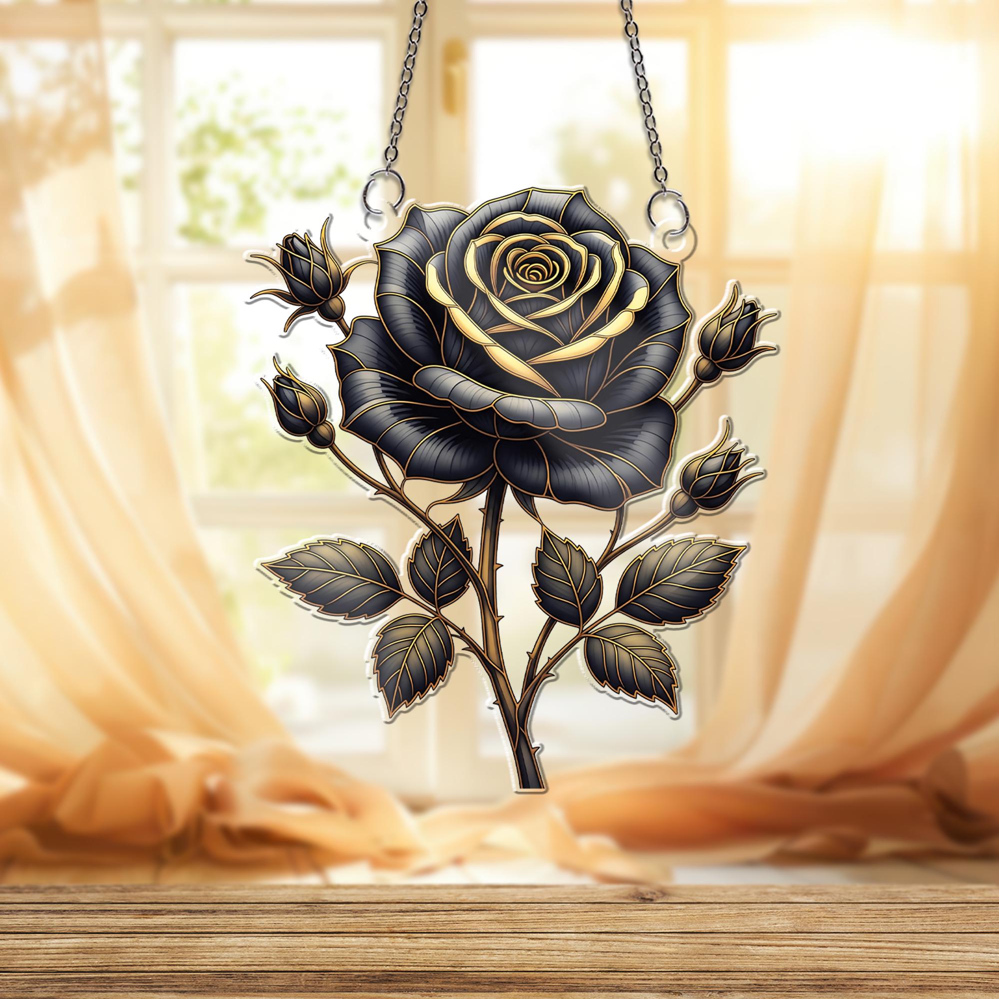 Black and Gold Rose Window Hanging – Gothic Holographic Floral Suncatcher, Elegant Dark Bloom Decor, Romantic Gift for Her