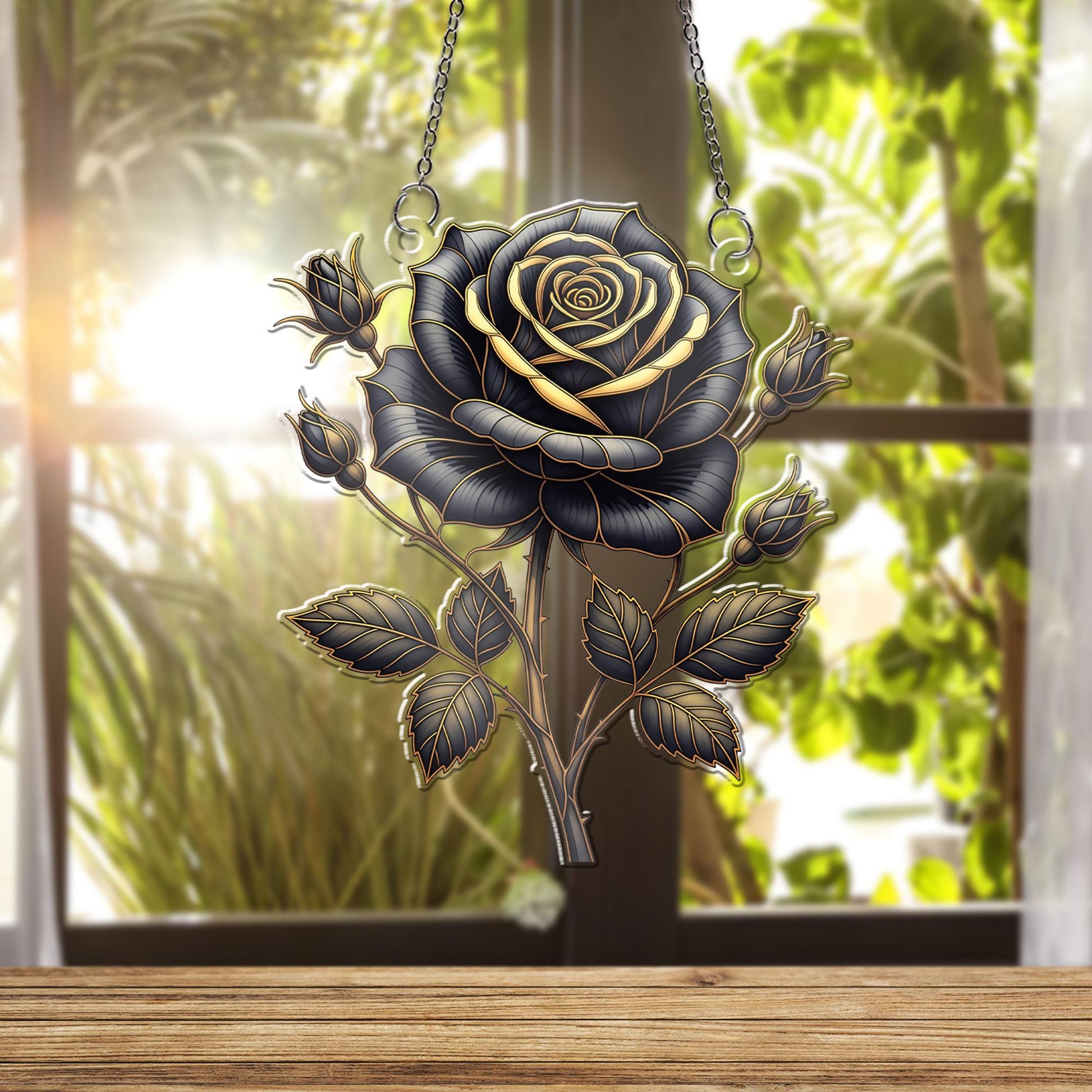 Black and Gold Rose Window Hanging – Gothic Holographic Floral Suncatcher, Elegant Dark Bloom Decor, Romantic Gift for Her