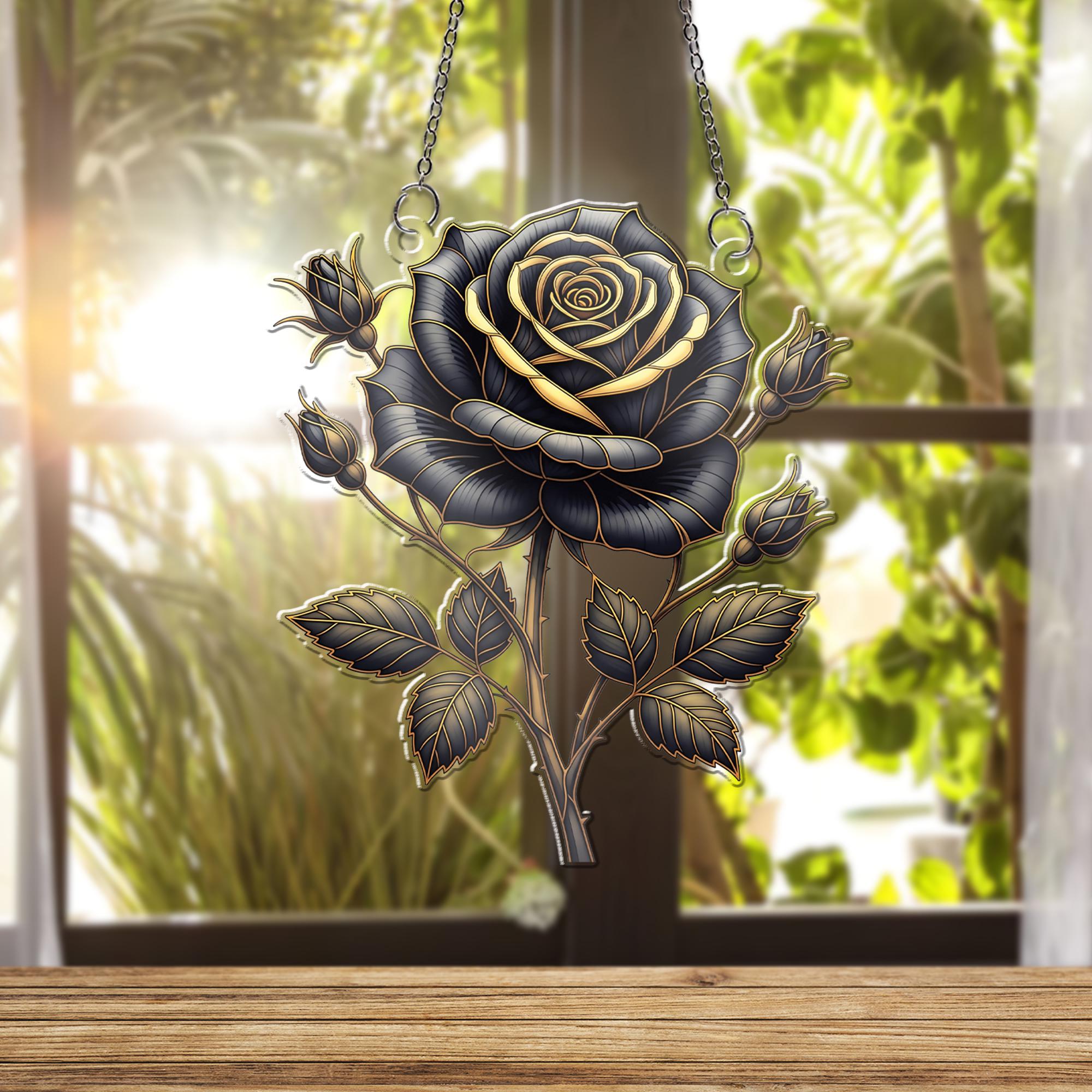Black and Gold Rose Window Hanging – Gothic Holographic Floral Suncatcher, Elegant Dark Bloom Decor, Romantic Gift for Her