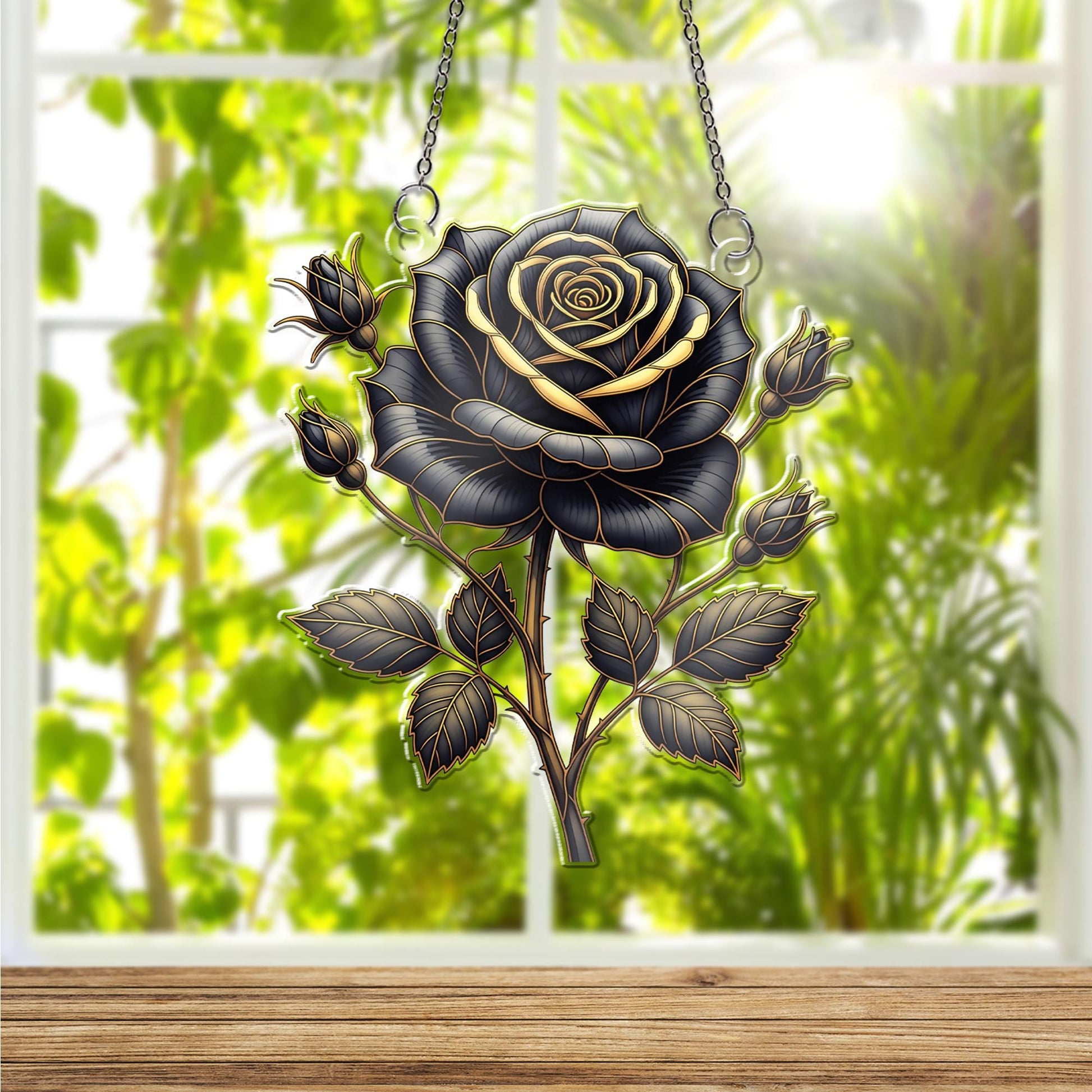 Black and Gold Rose Window Hanging – Gothic Holographic Floral Suncatcher, Elegant Dark Bloom Decor, Romantic Gift for Her
