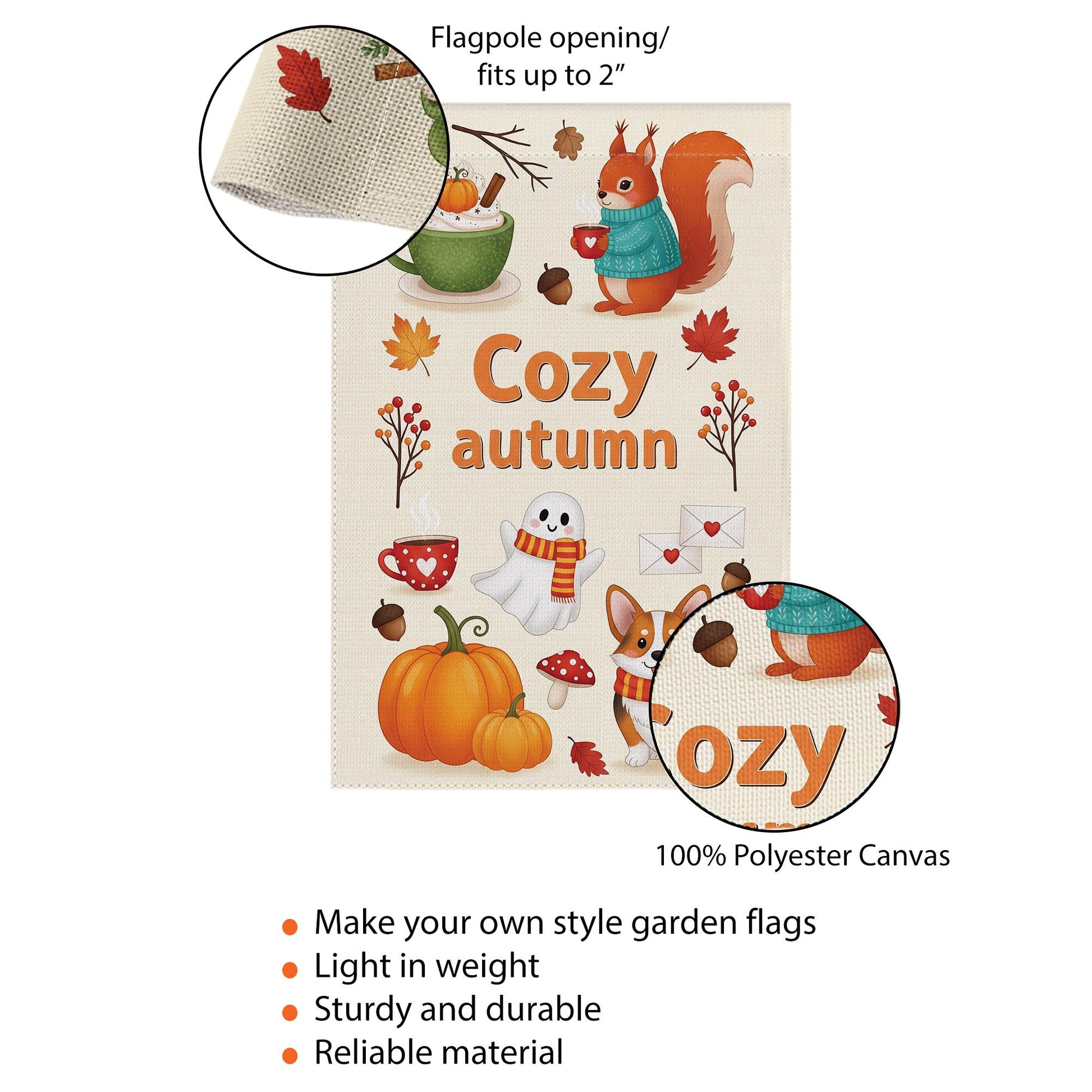 Cozy Autumn Garden Flag – Cute Fall Yard Decor with Squirrel, Ghost, Corgi, Pumpkin & Leaves, Seasonal Outdoor Decoration for Fall