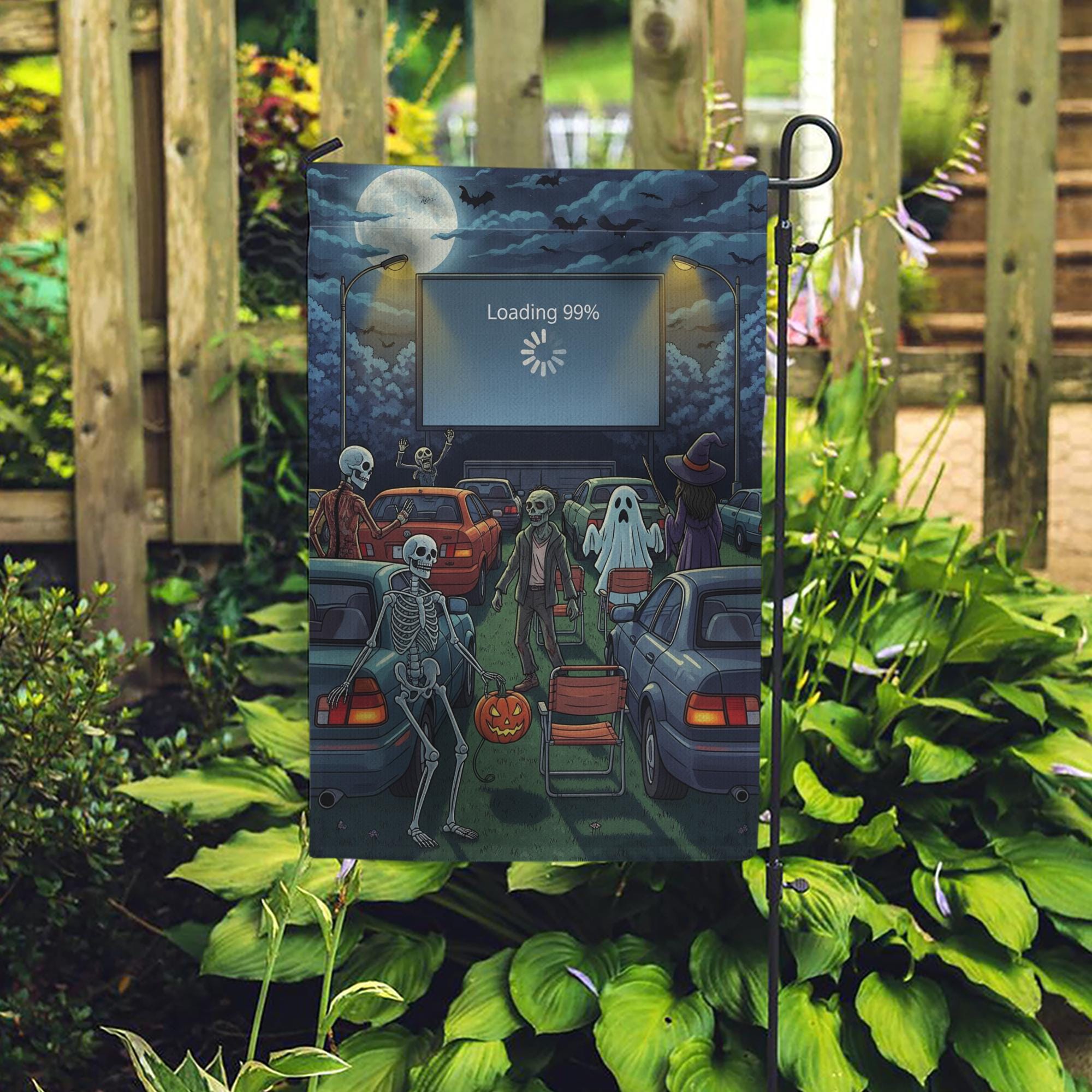 Funny Halloween Drive-In Garden Flag – Skeletons, Ghosts, Zombies & Loading Screen, Spooky Outdoor Yard Decor for Fall