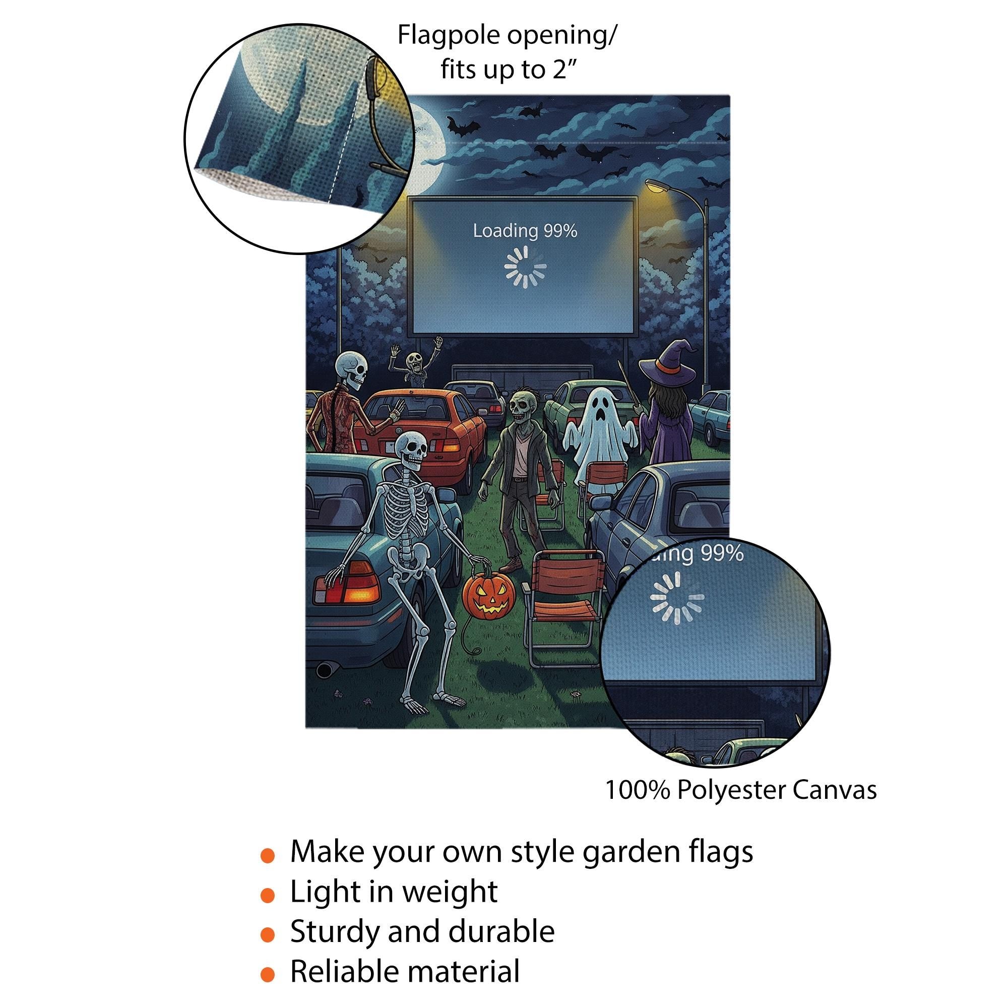 Funny Halloween Drive-In Garden Flag – Skeletons, Ghosts, Zombies & Loading Screen, Spooky Outdoor Yard Decor for Fall