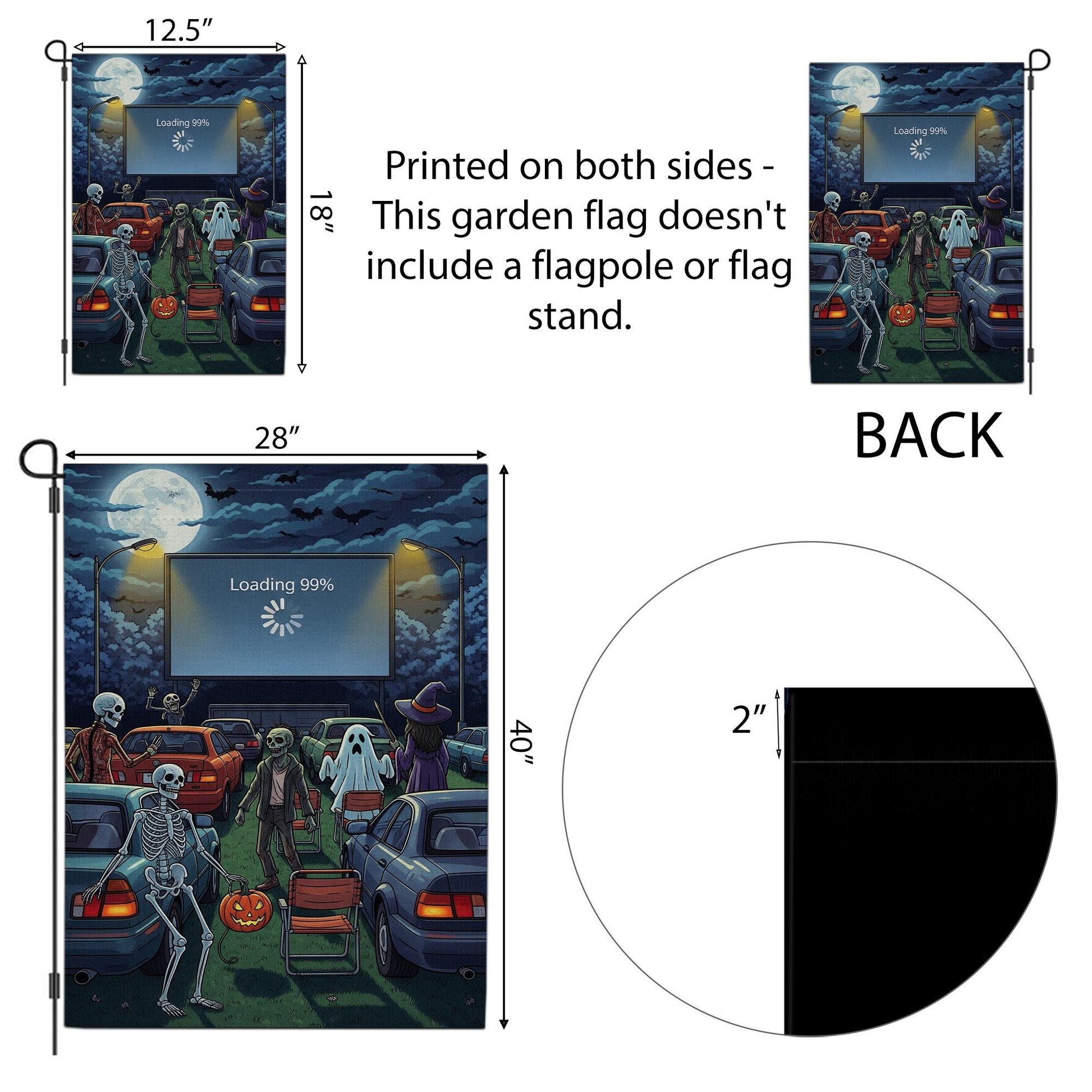 Funny Halloween Drive-In Garden Flag – Skeletons, Ghosts, Zombies & Loading Screen, Spooky Outdoor Yard Decor for Fall