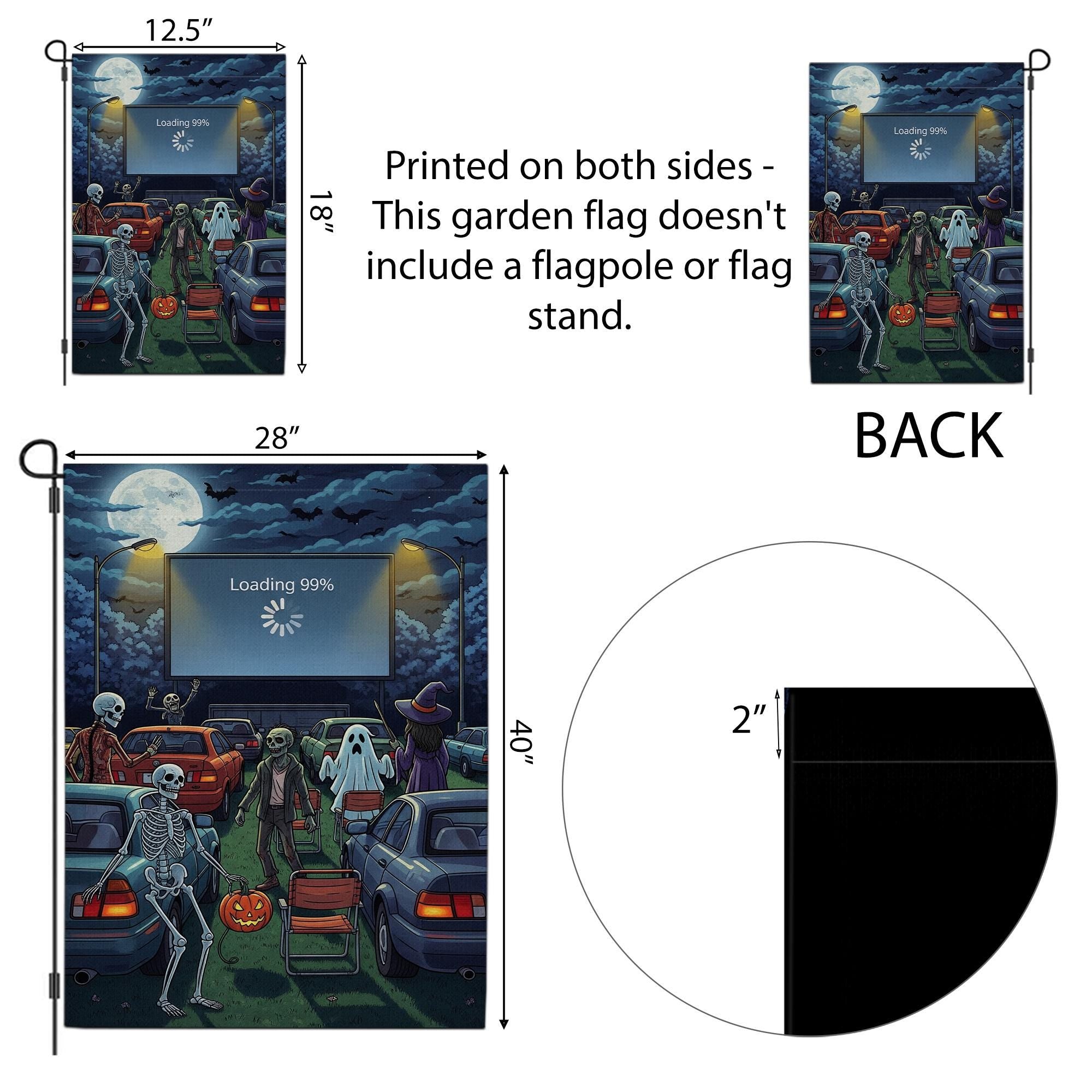 Funny Halloween Drive-In Garden Flag – Skeletons, Ghosts, Zombies & Loading Screen, Spooky Outdoor Yard Decor for Fall
