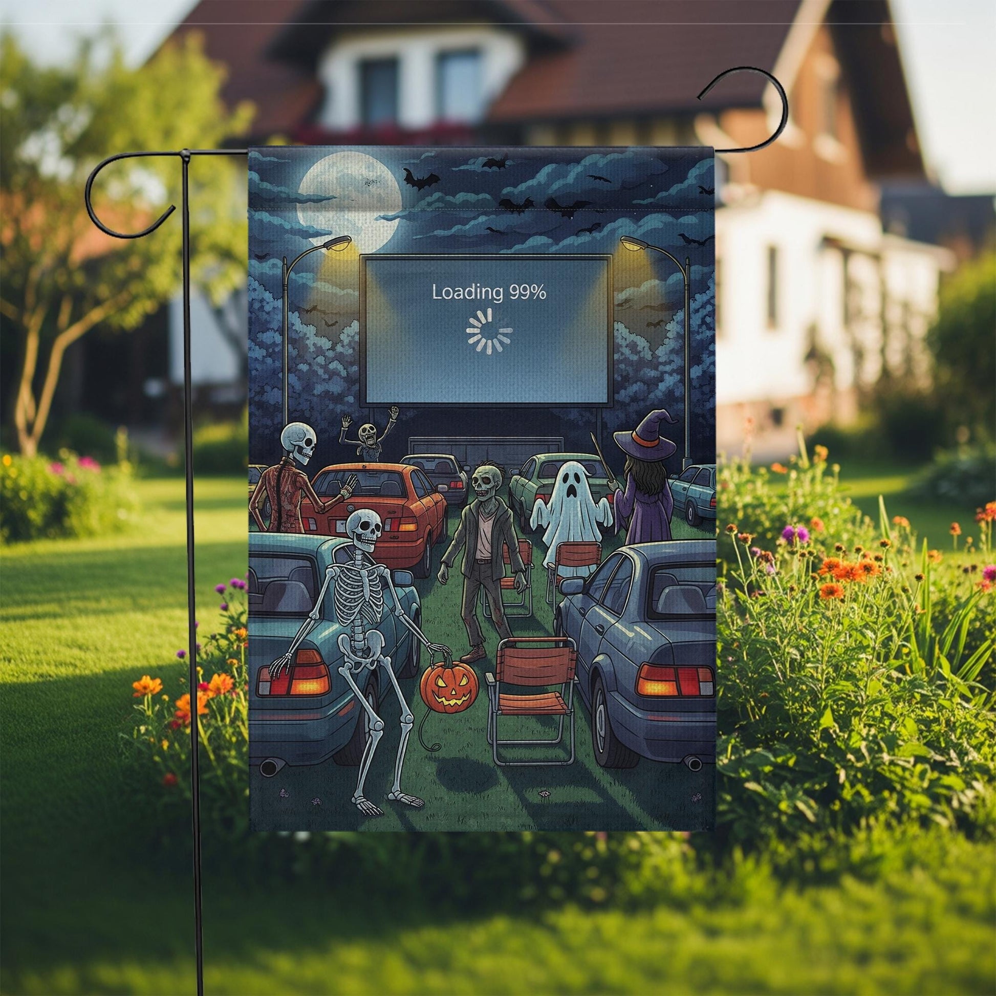 Funny Halloween Drive-In Garden Flag – Skeletons, Ghosts, Zombies & Loading Screen, Spooky Outdoor Yard Decor for Fall