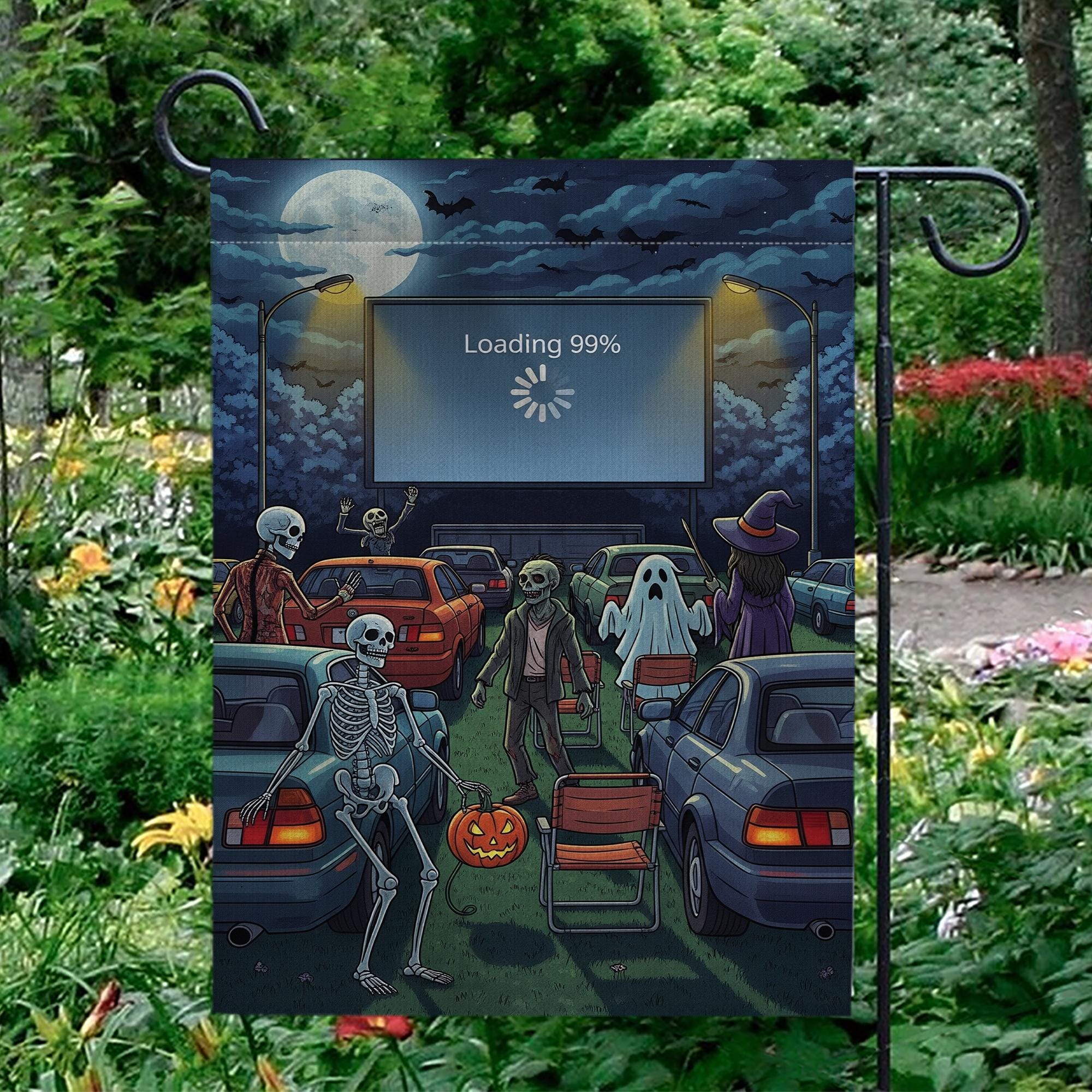 Funny Halloween Drive-In Garden Flag – Skeletons, Ghosts, Zombies & Loading Screen, Spooky Outdoor Yard Decor for Fall