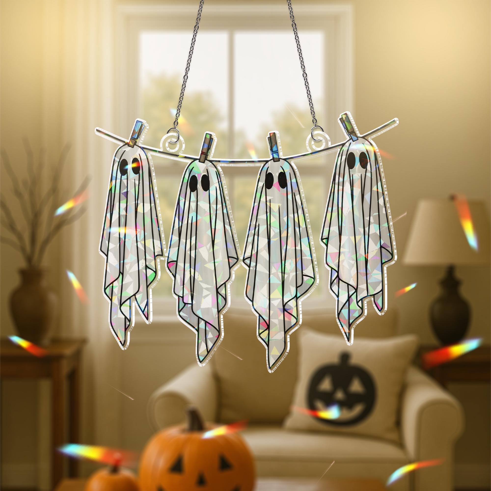 Hanging with My Boos Suncatcher – Holographic Ghost Window Decor – Halloween Acrylic Suncatcher – Cute Spooky Laundry Room Decor